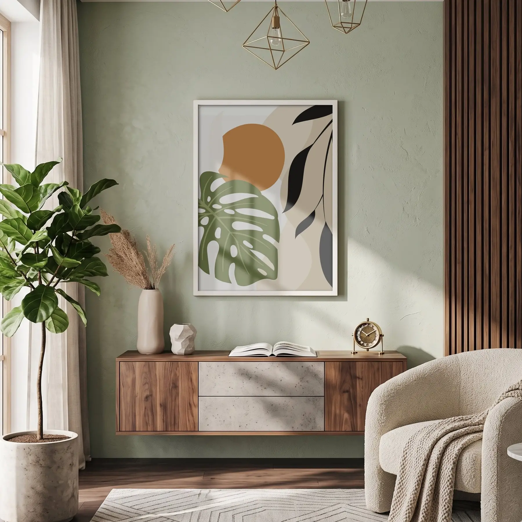 Monstera Soyut Yapraklar Beyaz Ahşap Çerçeveli Tablo Sanat İç Mekan Yatak Koridor Ofis