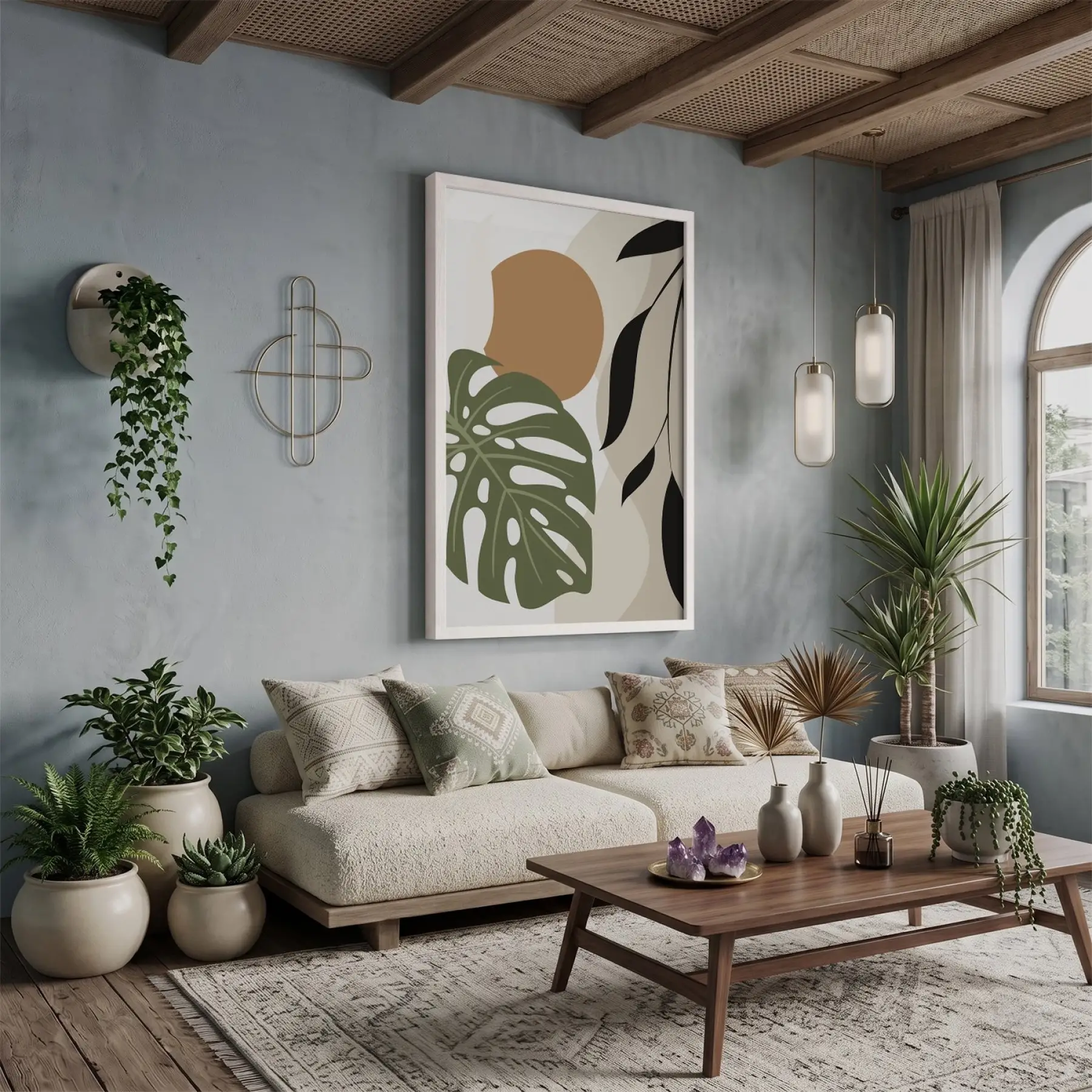 Monstera Soyut Yapraklar Beyaz Ahşap Çerçeveli Tablo Sanat İç Mekan Yatak Koridor Ofis
