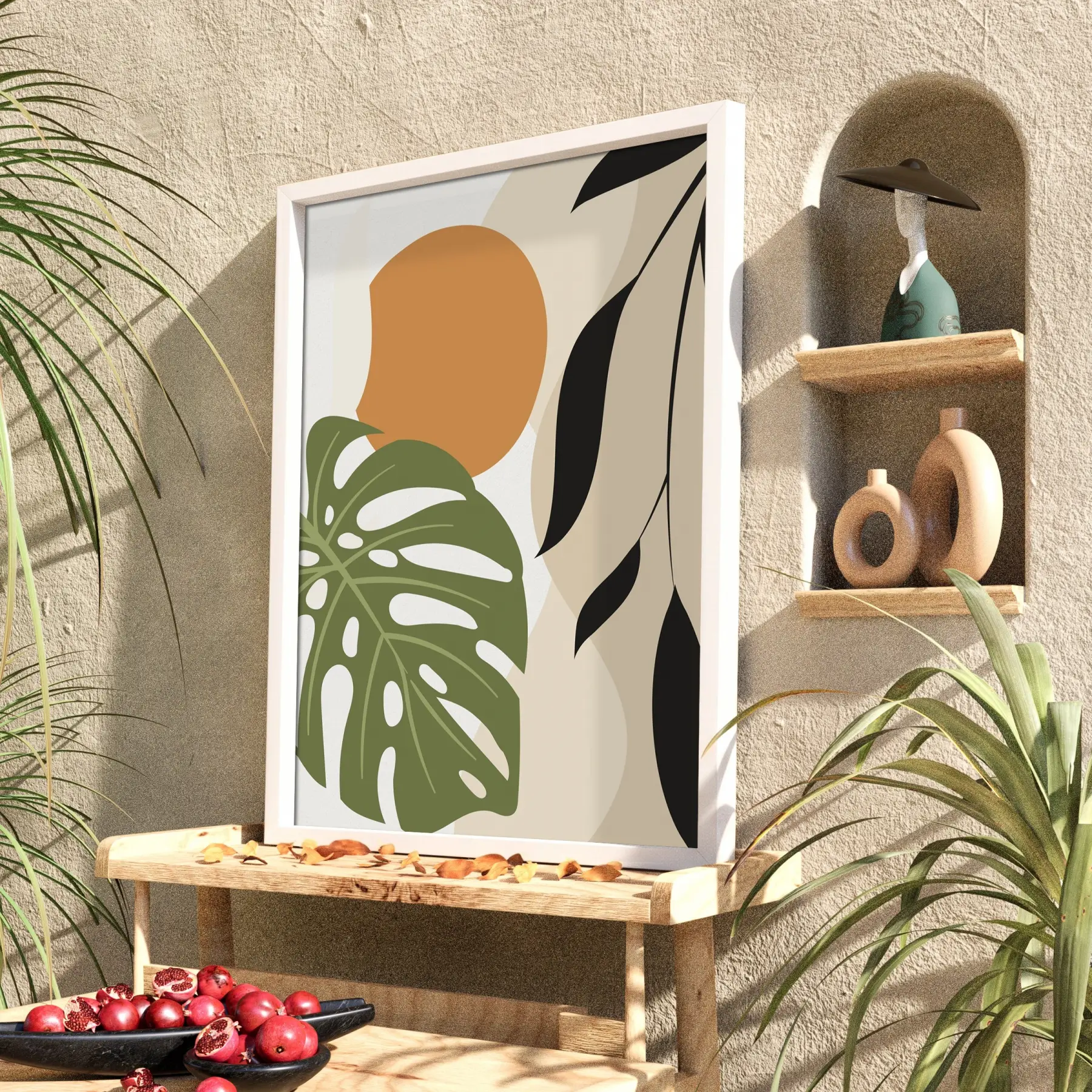 Monstera Soyut Yapraklar Beyaz Ahşap Çerçeveli Tablo Sanat İç Mekan Yatak Koridor Ofis
