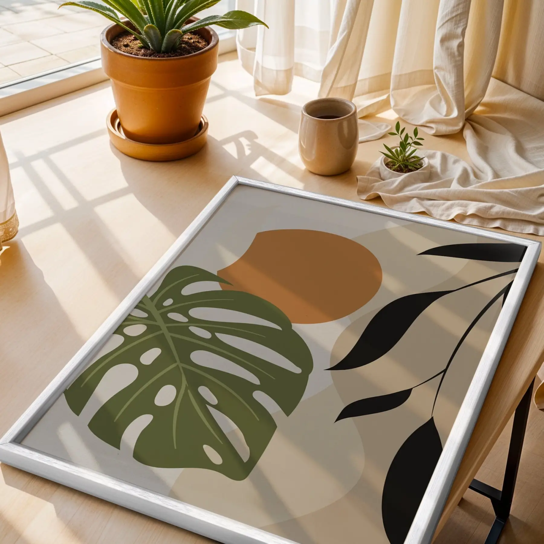 Monstera Soyut Yapraklar Beyaz Ahşap Çerçeveli Tablo Sanat İç Mekan Yatak Koridor Ofis