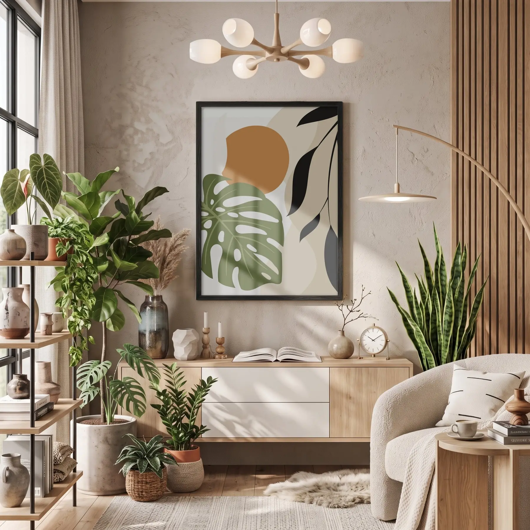 Monstera Soyut Yapraklar Siyah Ahşap Çerçeveli Tablo Dekorasyonu Poster Obje Ev Aksesuarları Modern