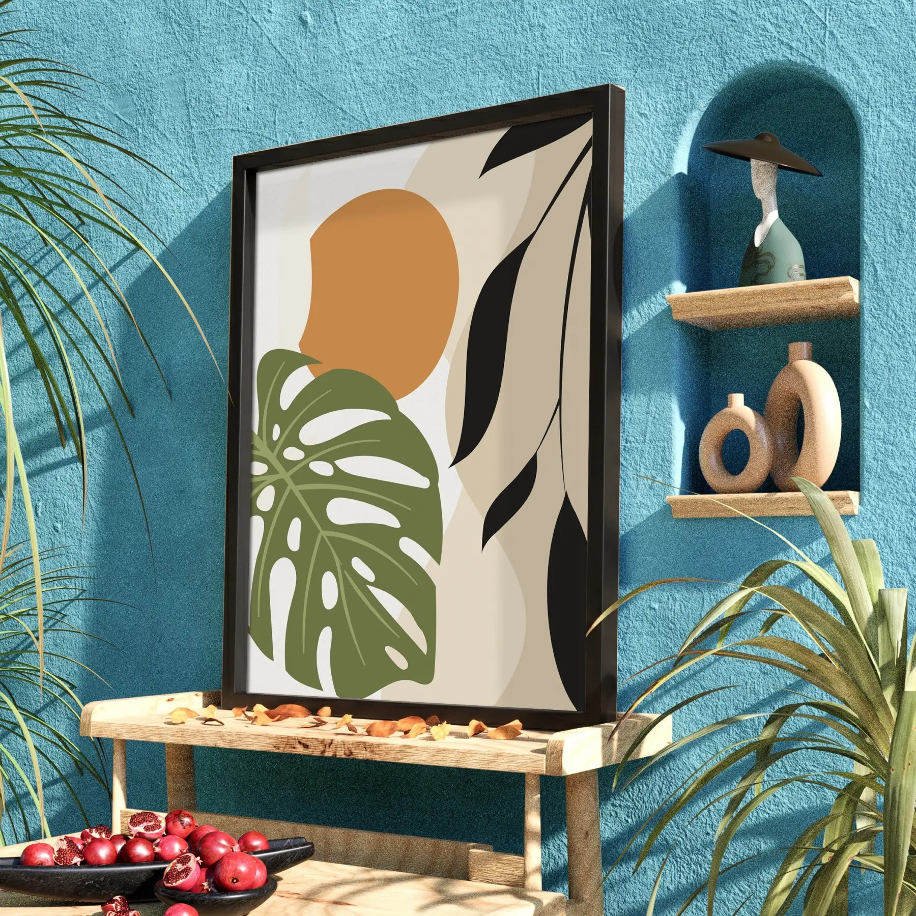 Monstera Soyut Yapraklar Siyah Ahşap Çerçeveli Tablo Dekorasyonu Poster Obje Ev Aksesuarları Modern