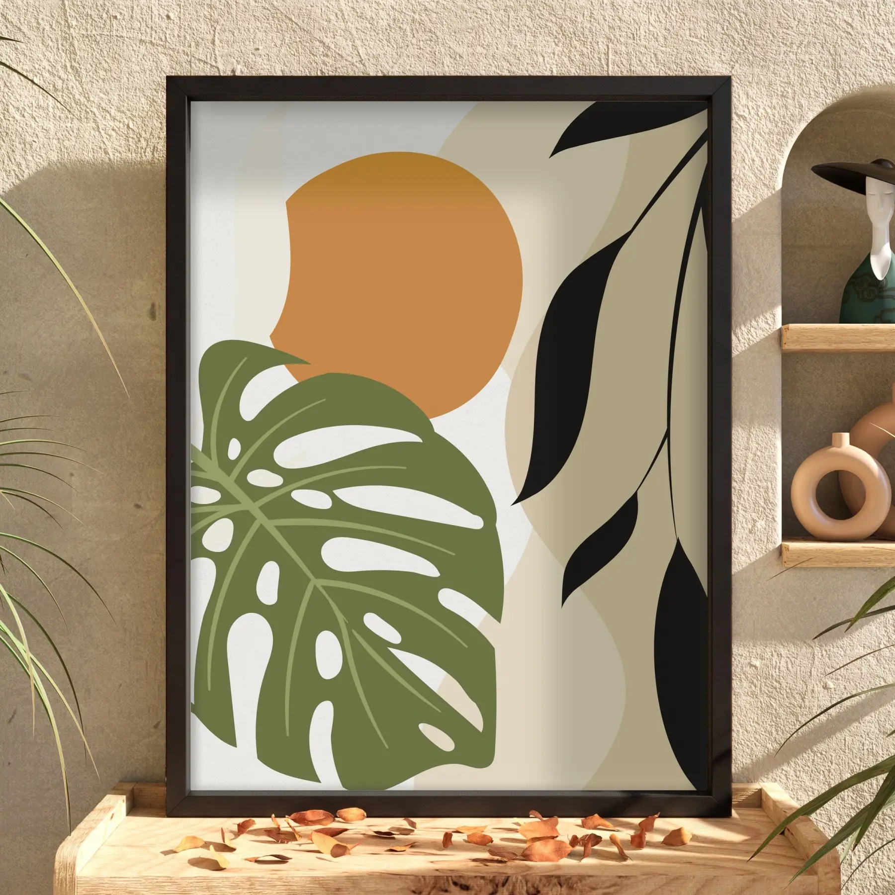 Monstera Soyut Yapraklar Siyah Ahşap Çerçeveli Tablo Dekorasyonu Poster Obje Ev Aksesuarları Modern