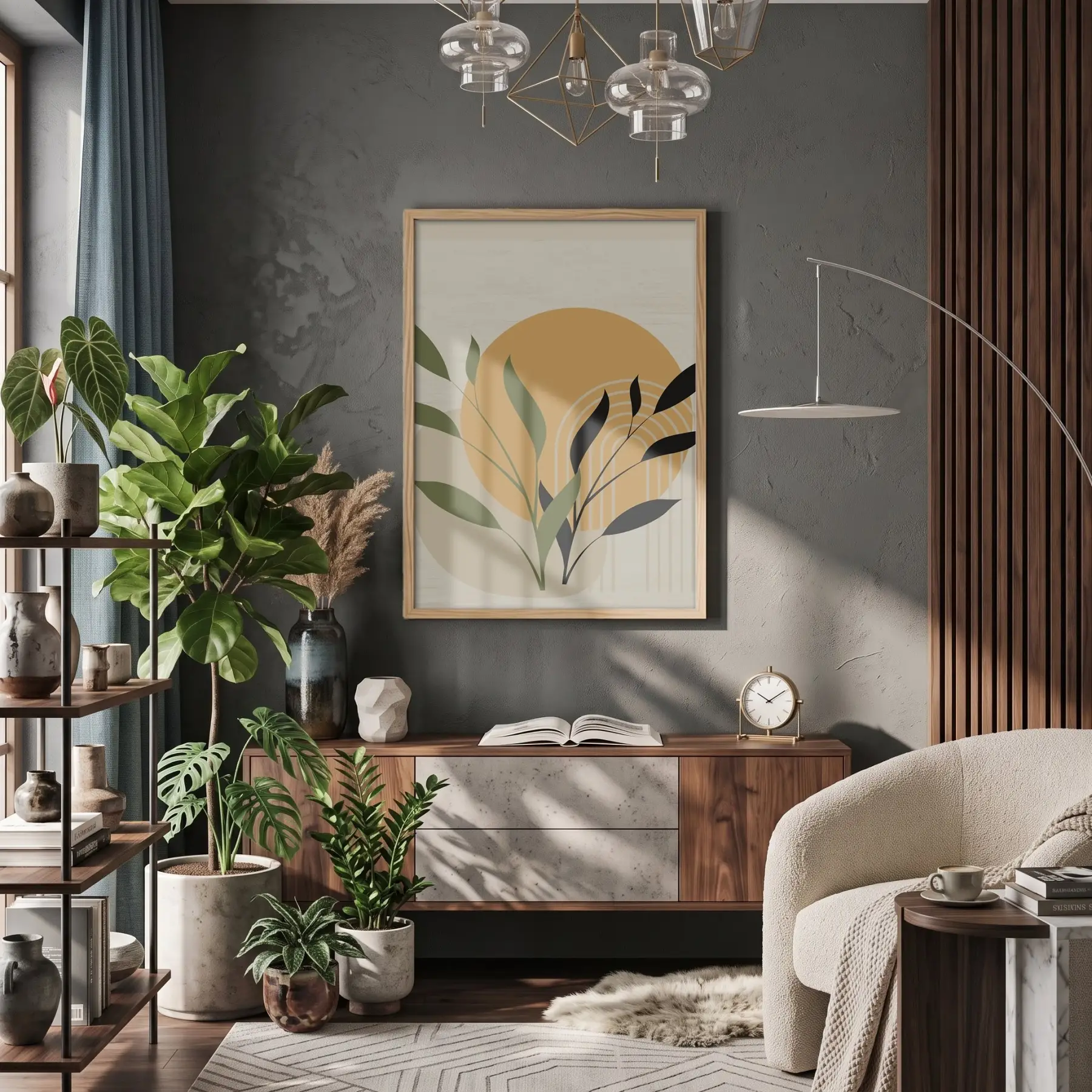 Ochre Yaprak Soyut Kompozisyon Doğal Ahşap Çerçeveli Tablo Kanvas Görünümlü Salon Oturma Odası