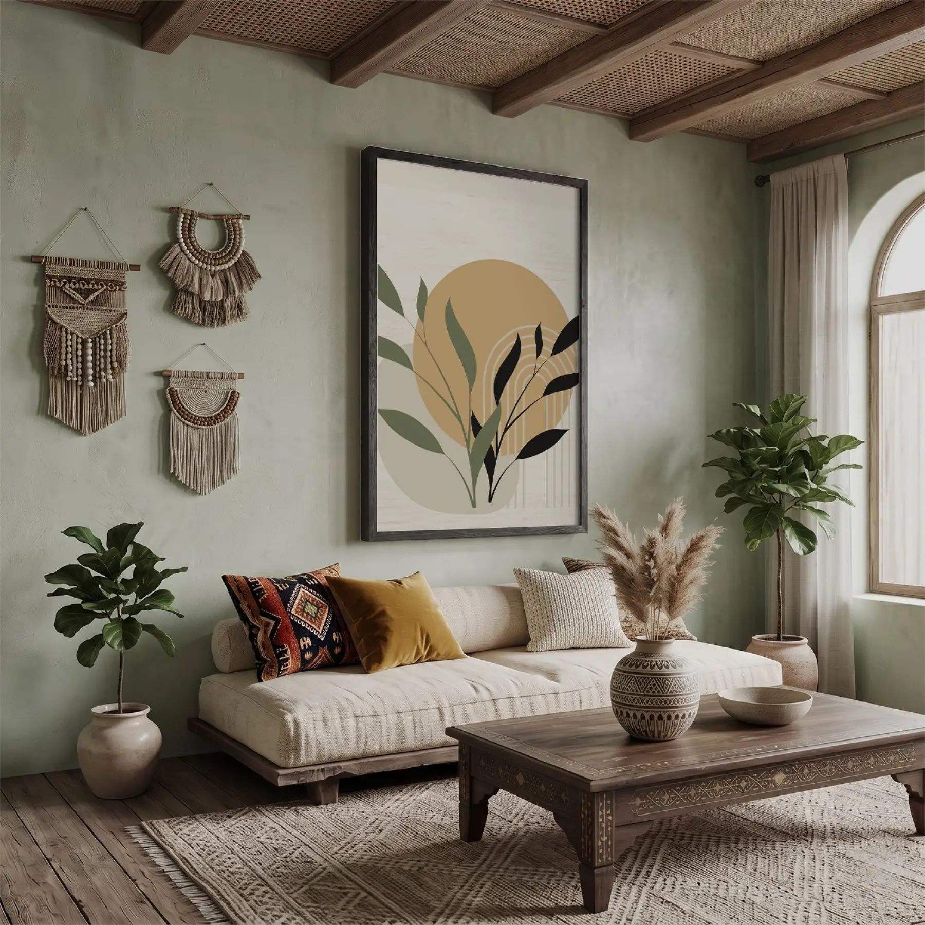Ochre Yaprak Soyut Kompozisyon Siyah Ahşap Çerçeveli Tablo Dekorasyonu Poster Obje Ev Aksesuarları