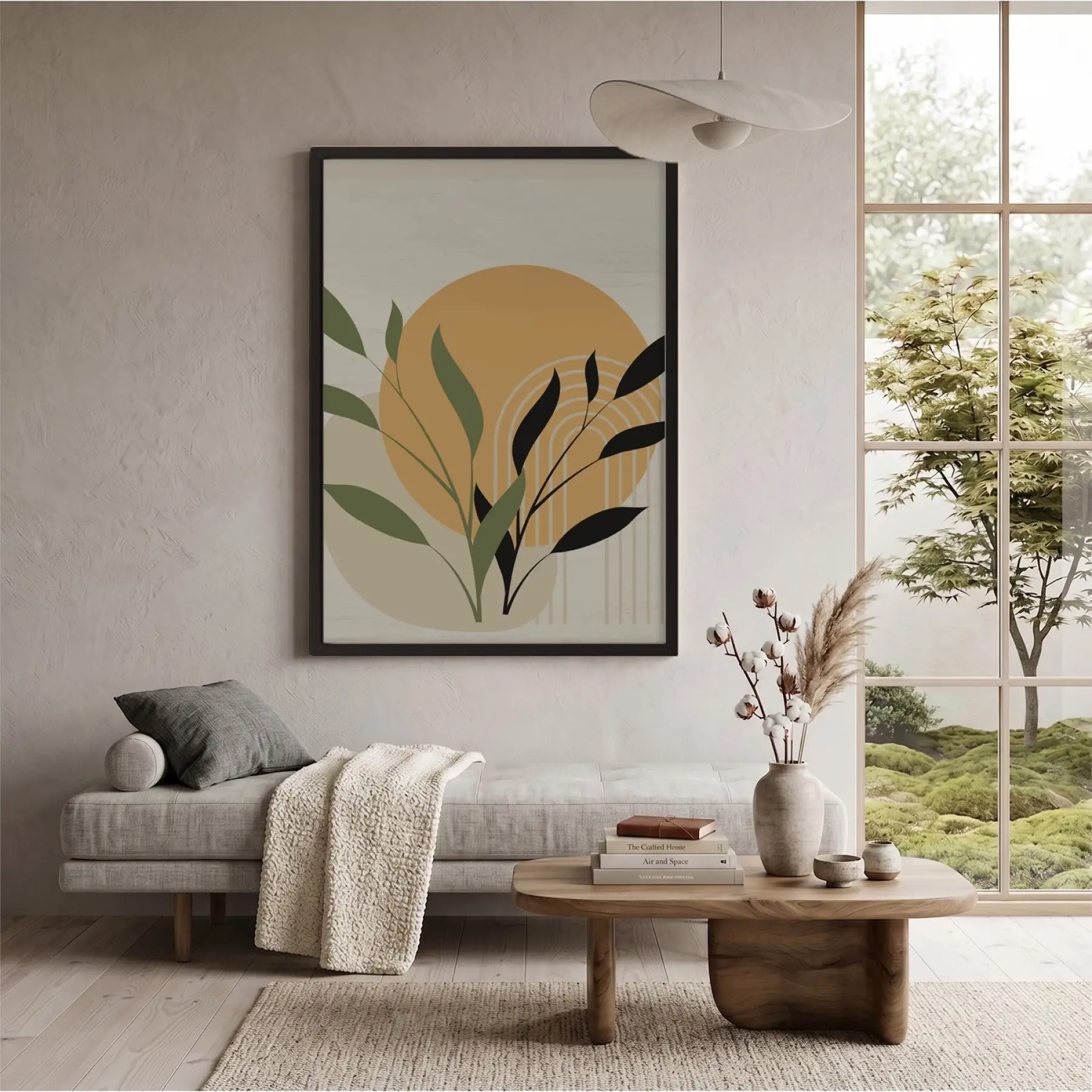 Ochre Yaprak Soyut Kompozisyon Siyah Ahşap Çerçeveli Tablo Dekorasyonu Poster Obje Ev Aksesuarları
