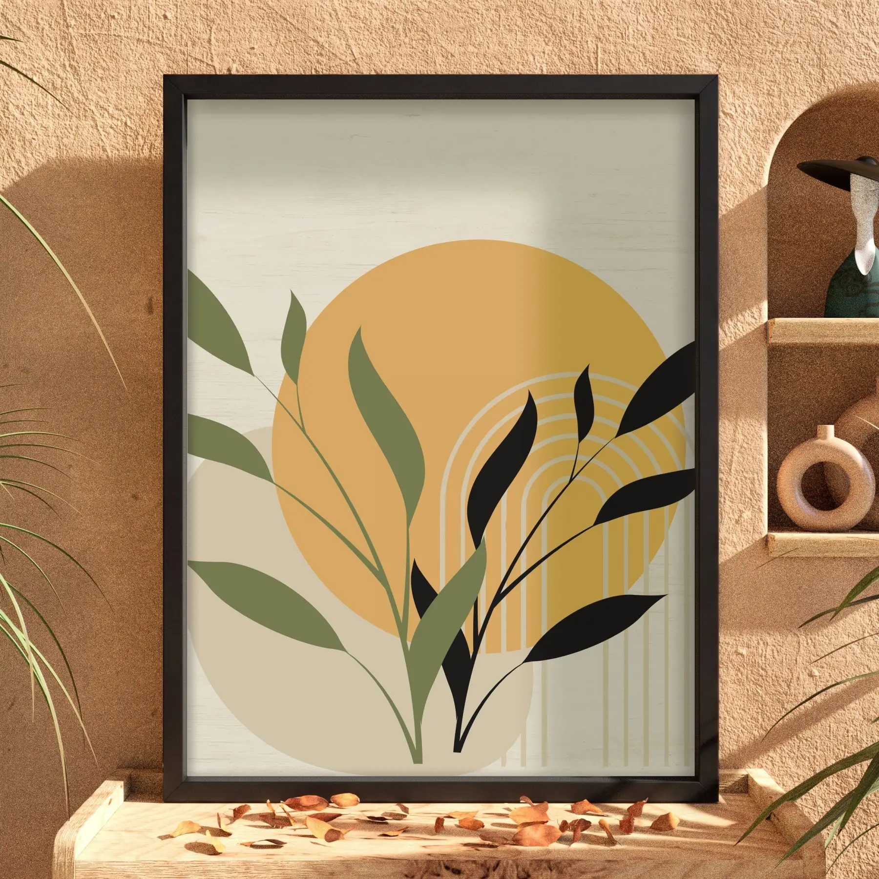 Ochre Yaprak Soyut Kompozisyon Siyah Ahşap Çerçeveli Tablo Dekorasyonu Poster Obje Ev Aksesuarları
