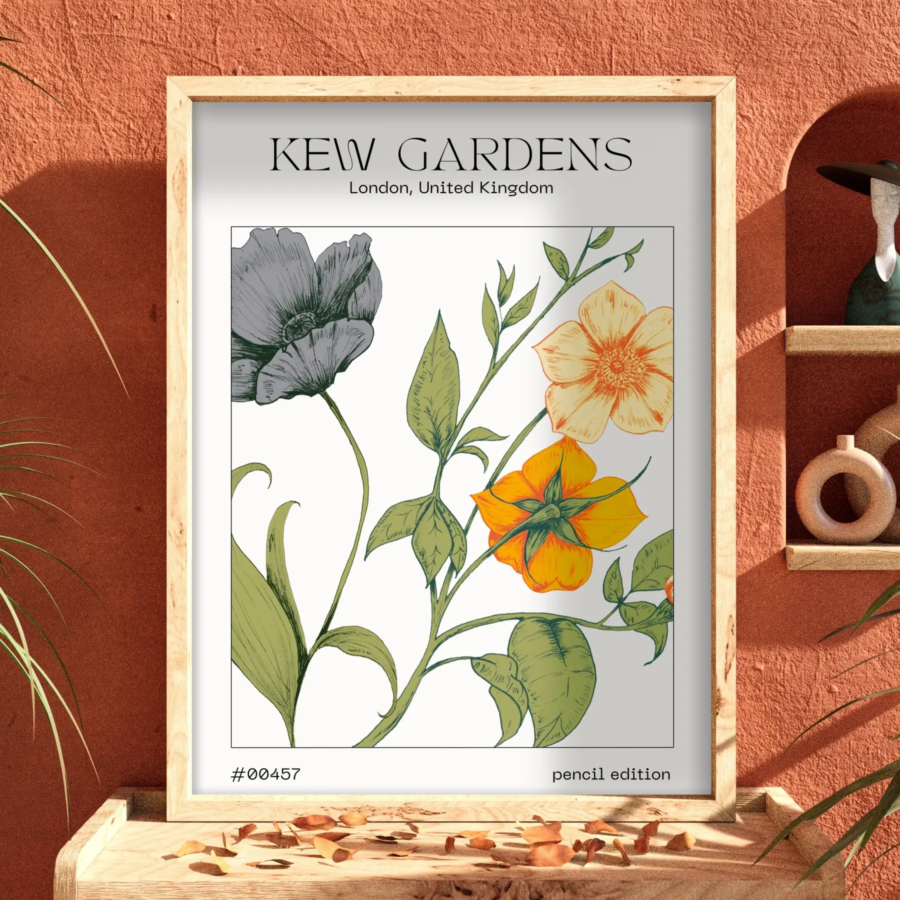 Kew Gardens Botanik İllüstrasyon Doğal Ahşap Çerçeveli Tablo Bohem Ev Aksesuarları Modern Sanat