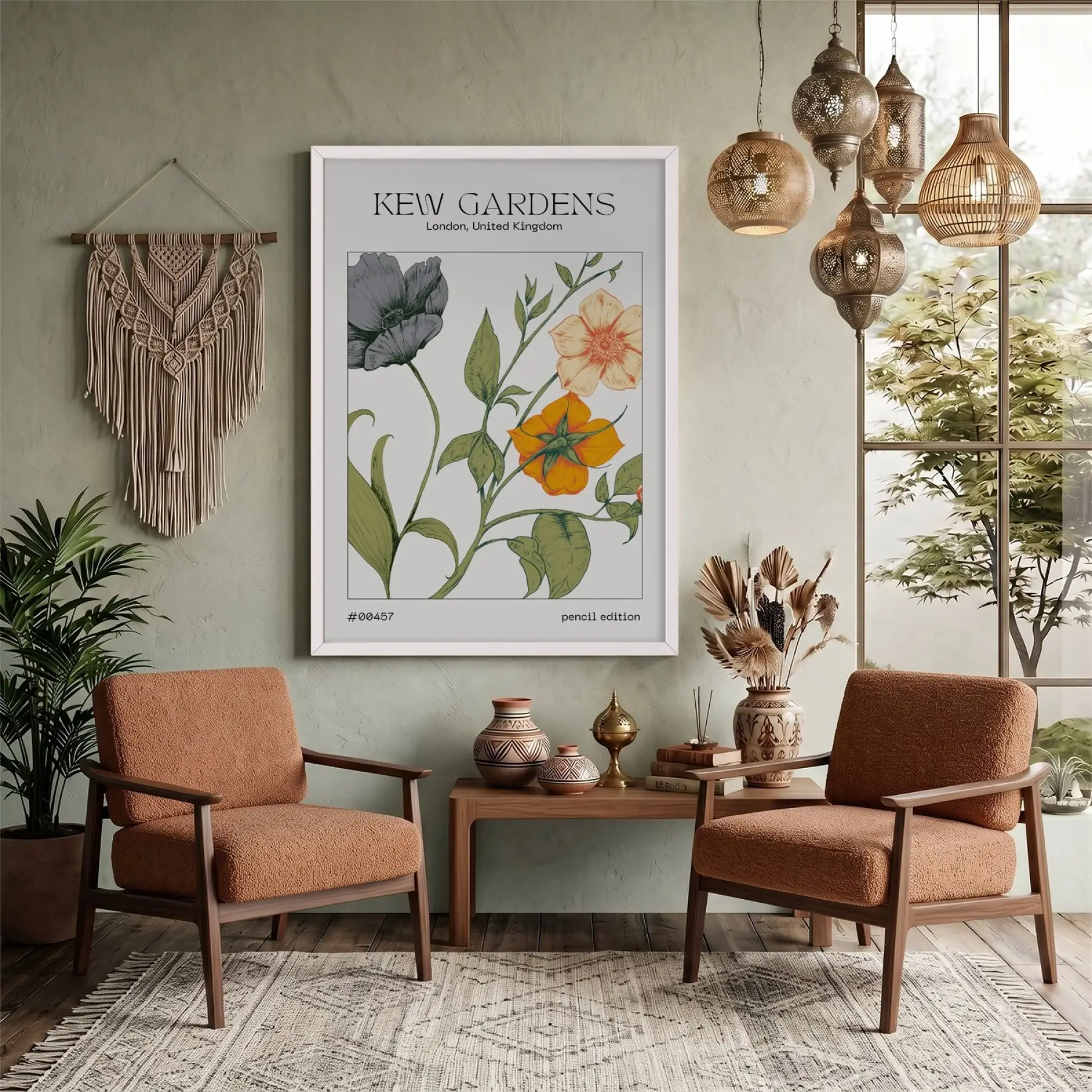 Kew Gardens Botanik İllüstrasyon Beyaz Ahşap Çerçeveli Tablo Bohem Ev Aksesuarları Modern Sanat