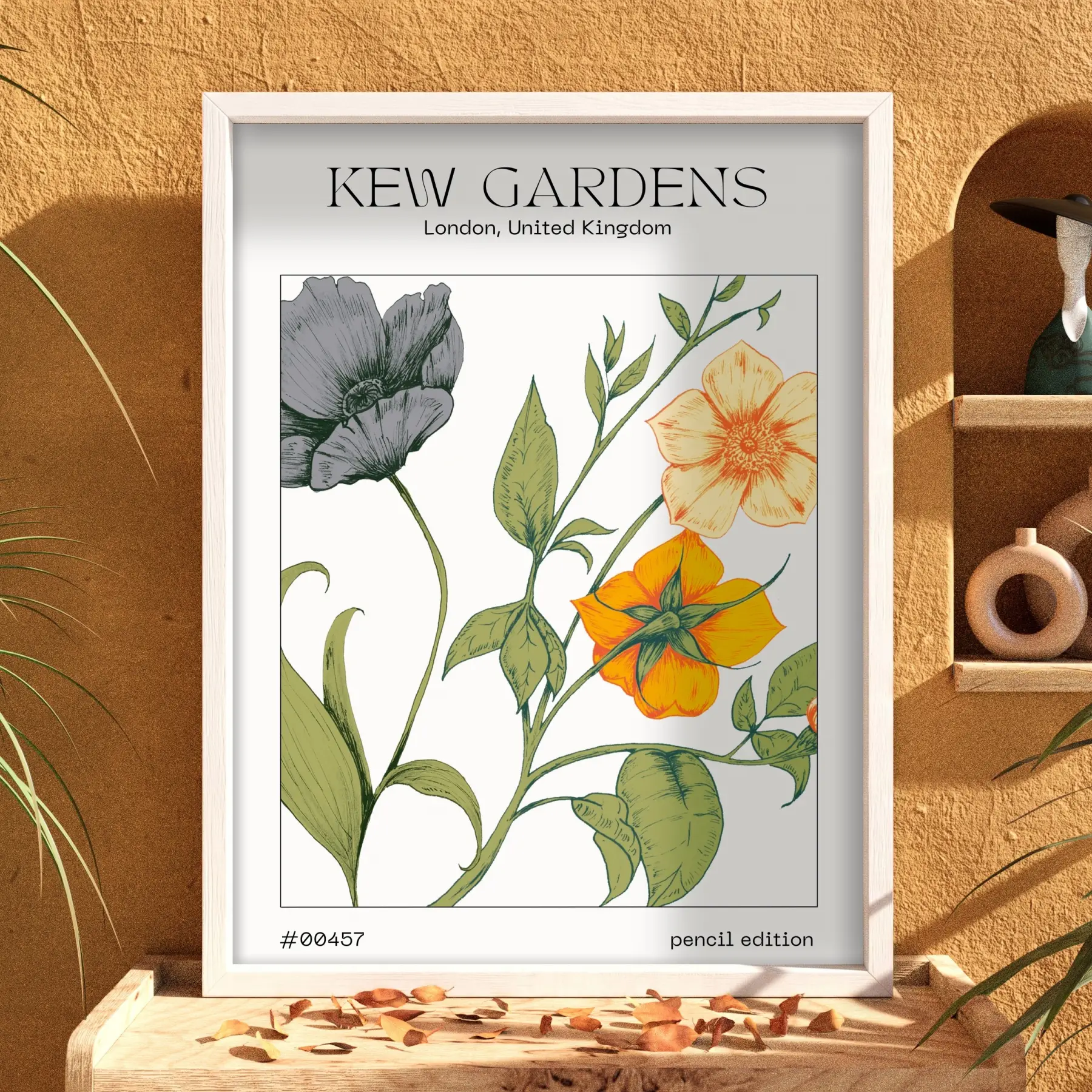 Kew Gardens Botanik İllüstrasyon Beyaz Ahşap Çerçeveli Tablo Bohem Ev Aksesuarları Modern Sanat