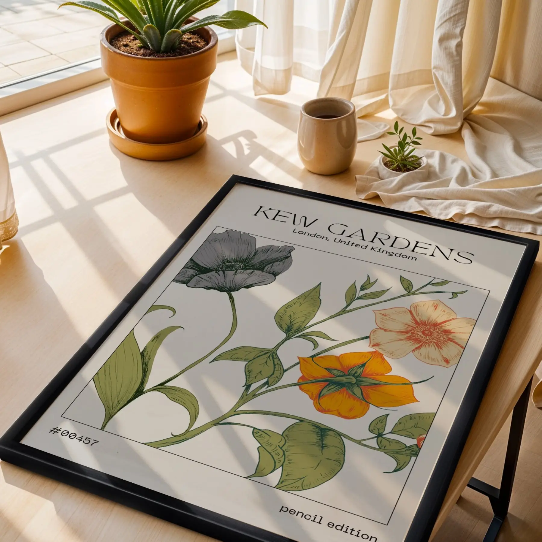 Kew Gardens Botanik İllüstrasyon Siyah Ahşap Çerçeveli Tablo Bohem Modern Sanat İç Mekan
