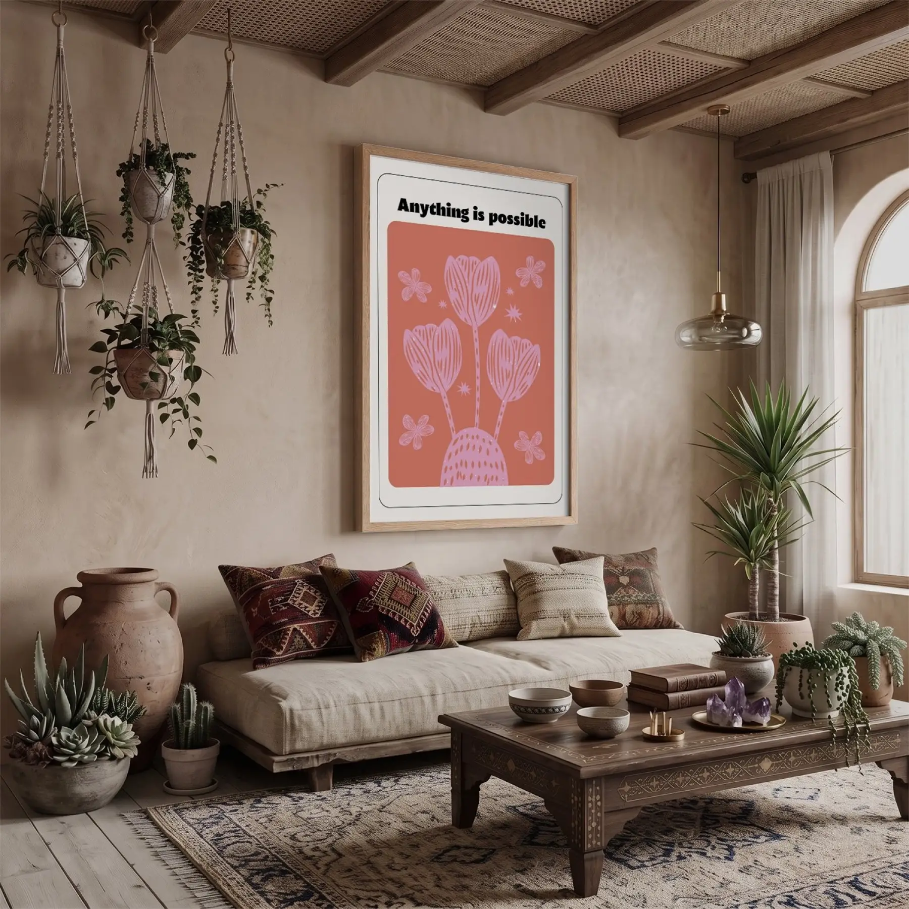 Mercan Pembe Motivasyon Lale Doğal Ahşap Çerçeveli Tablo Ev Aksesuarları Modern Sanat İç