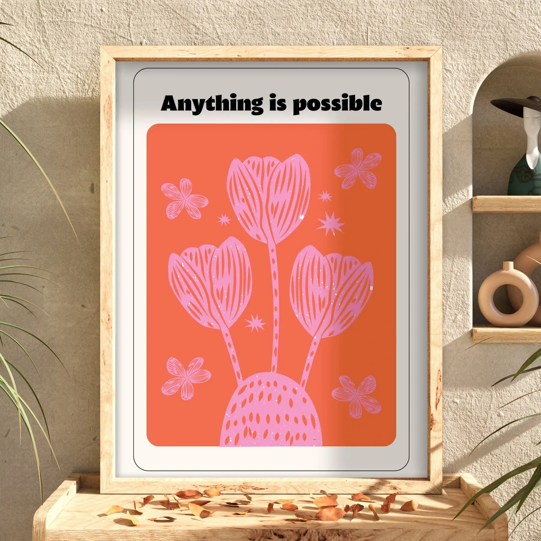 Mercan Pembe Motivasyon Lale Doğal Ahşap Çerçeveli Tablo Ev Aksesuarları Modern Sanat İç