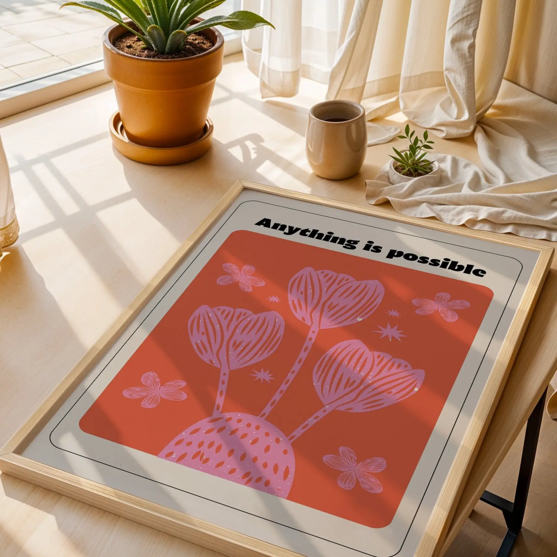 Mercan Pembe Motivasyon Lale Doğal Ahşap Çerçeveli Tablo Ev Aksesuarları Modern Sanat İç