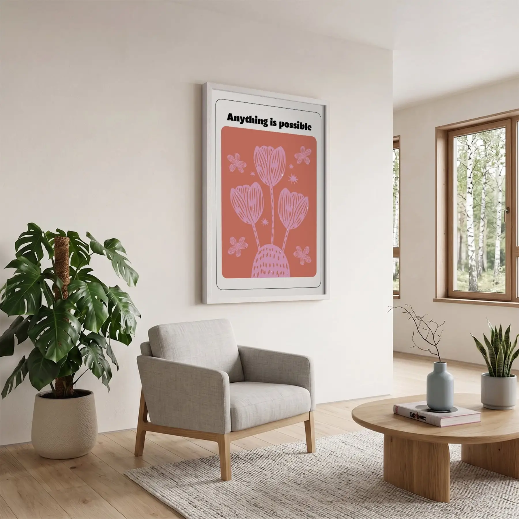 Mercan Pembe Motivasyon Lale Beyaz Ahşap Çerçeveli Tablo Koridor Ofis Kanvas Görünümlü Salon