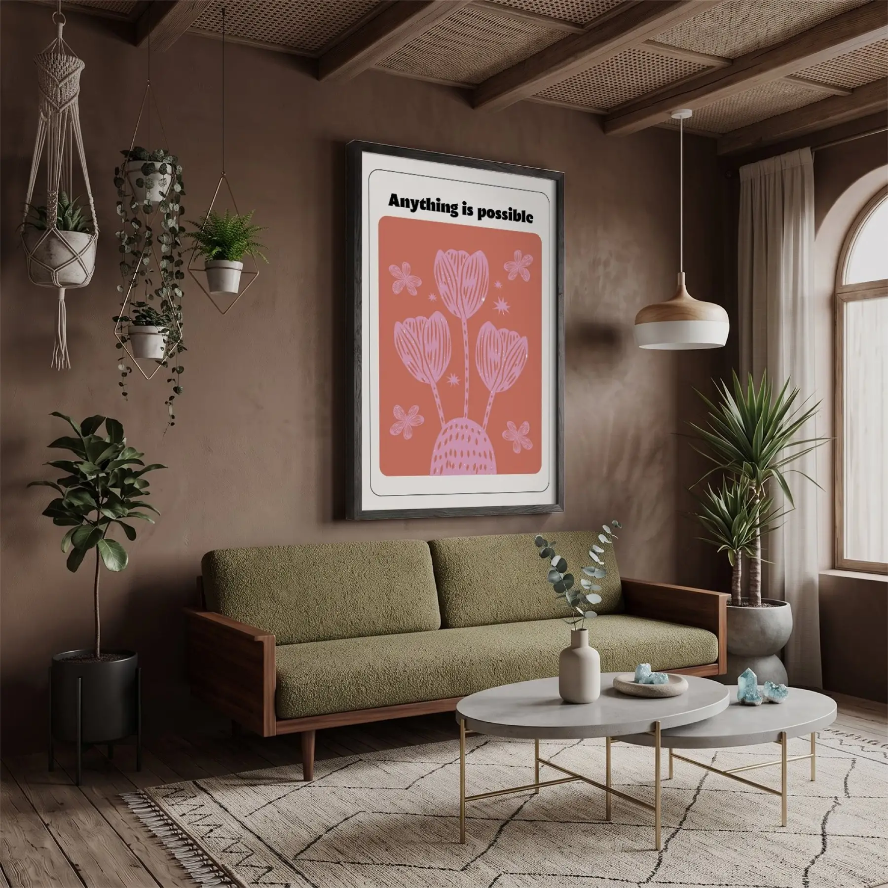 Mercan Pembe Motivasyon Lale Siyah Ahşap Çerçeveli Tablo Duvar Dekoru Poster Obje Ev
