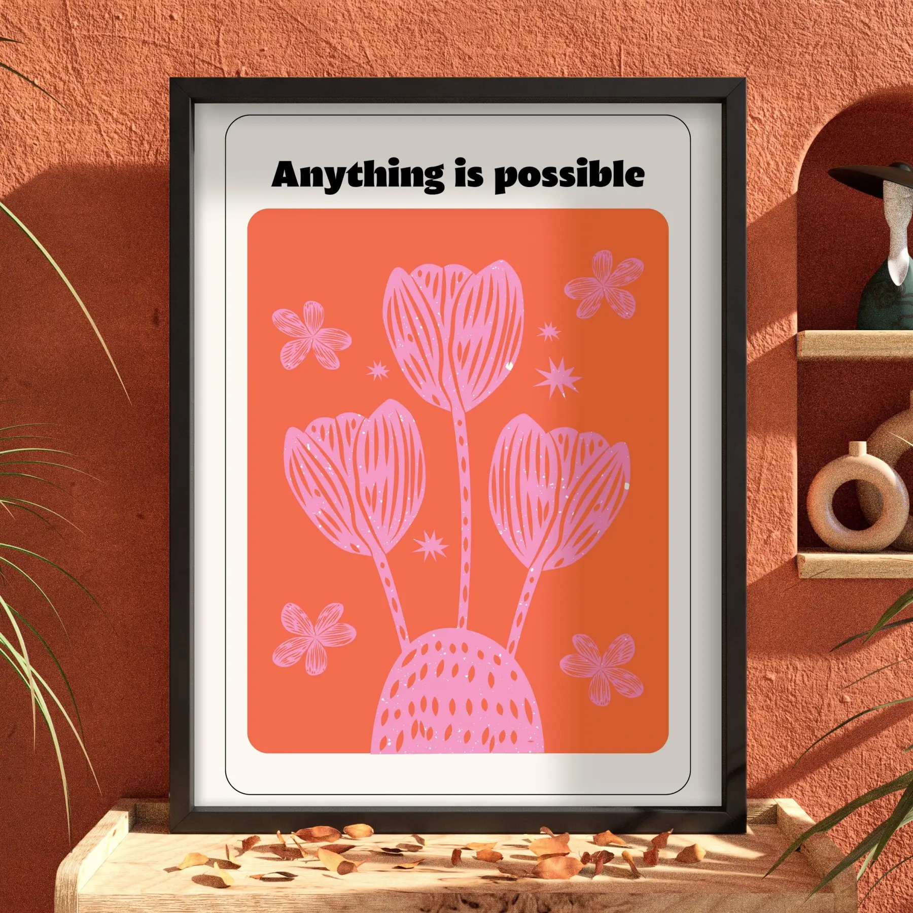 Mercan Pembe Motivasyon Lale Siyah Ahşap Çerçeveli Tablo Duvar Dekoru Poster Obje Ev