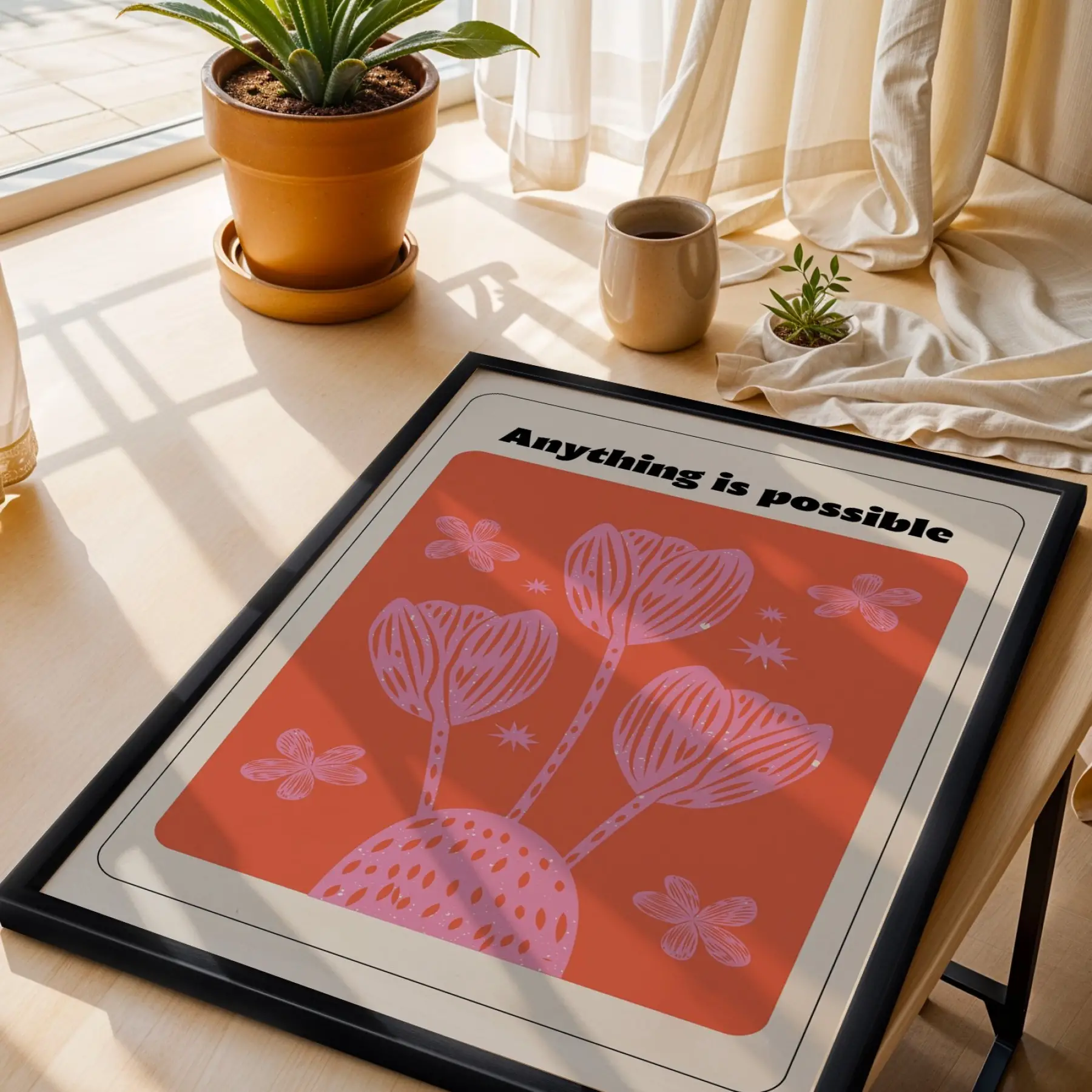 Mercan Pembe Motivasyon Lale Siyah Ahşap Çerçeveli Tablo Duvar Dekoru Poster Obje Ev