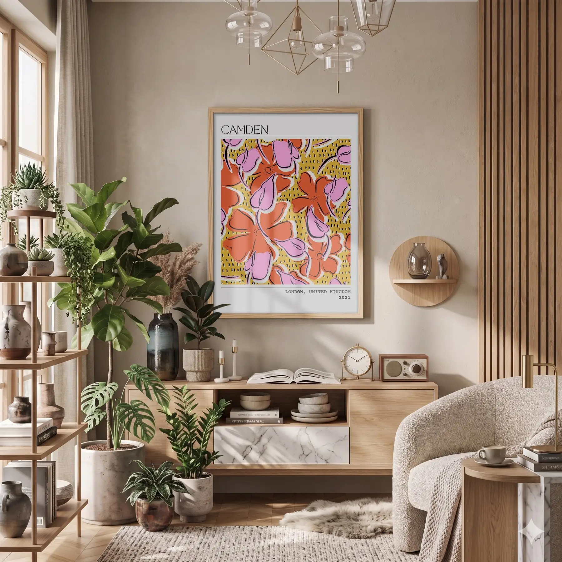 Canlı Floral Soyut Sanat Doğal Ahşap Çerçeveli Tablo Bohem Modern İç Mekan Yatak
