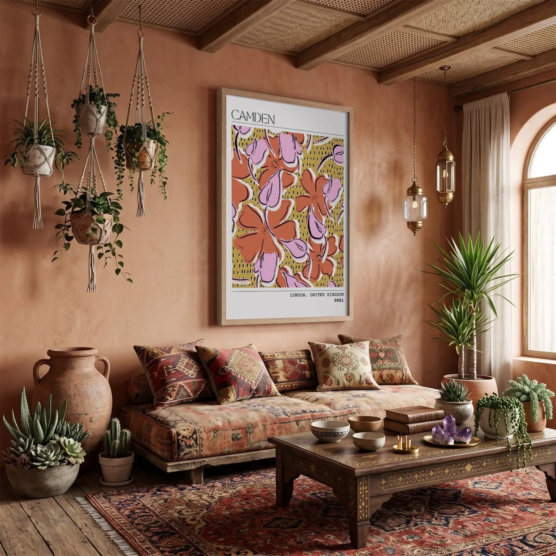 Canlı Floral Soyut Sanat Doğal Ahşap Çerçeveli Tablo Bohem Modern İç Mekan Yatak