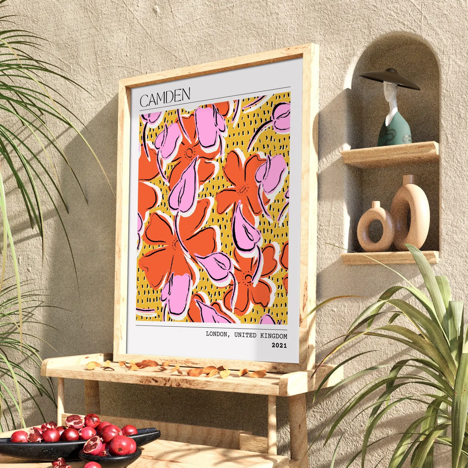 Canlı Floral Soyut Sanat Doğal Ahşap Çerçeveli Tablo Bohem Modern İç Mekan Yatak