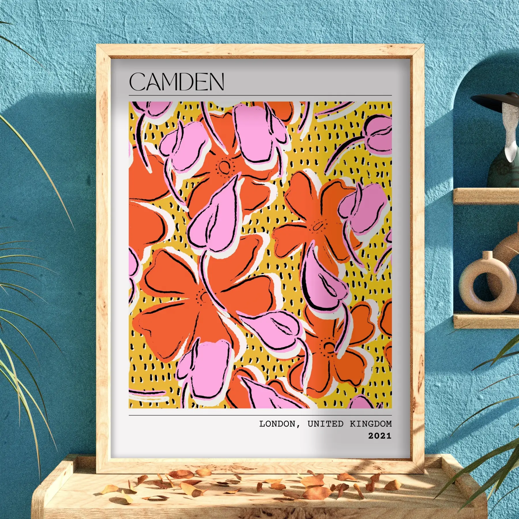 Canlı Floral Soyut Sanat Doğal Ahşap Çerçeveli Tablo Bohem Modern İç Mekan Yatak