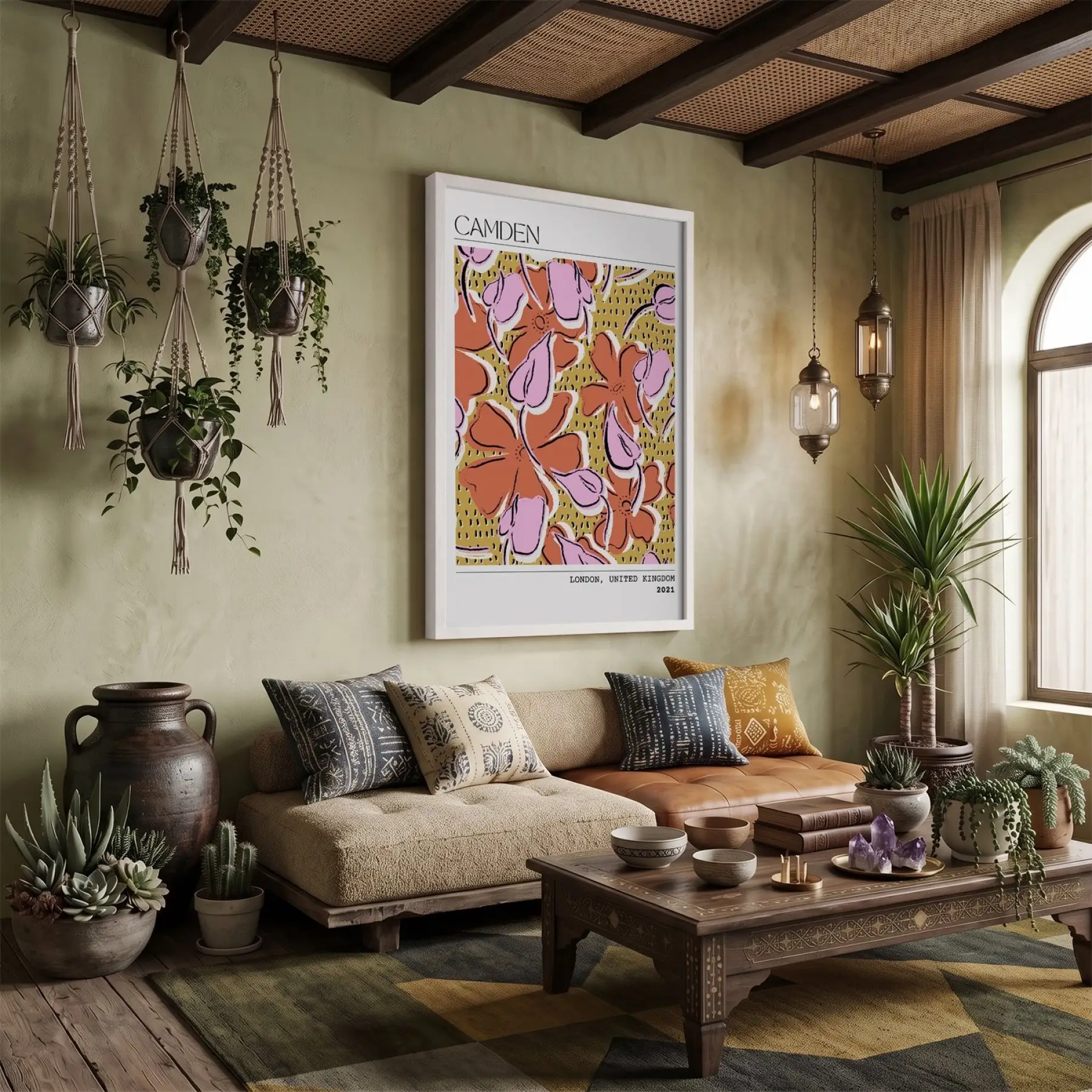 Canlı Floral Soyut Sanat Beyaz Ahşap Çerçeveli Tablo Bohem Salon Oturma Odası Duvar