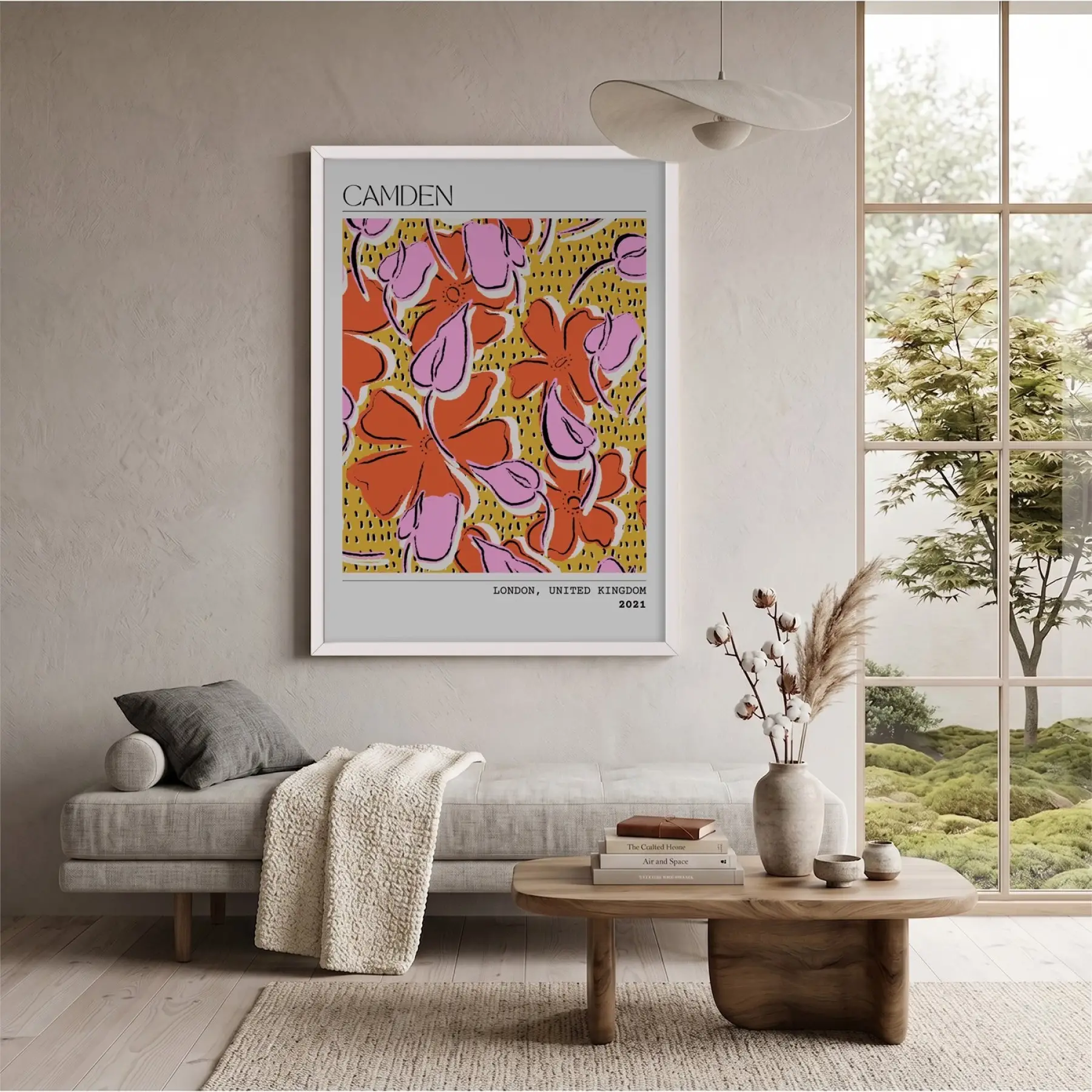 Canlı Floral Soyut Sanat Beyaz Ahşap Çerçeveli Tablo Bohem Salon Oturma Odası Duvar