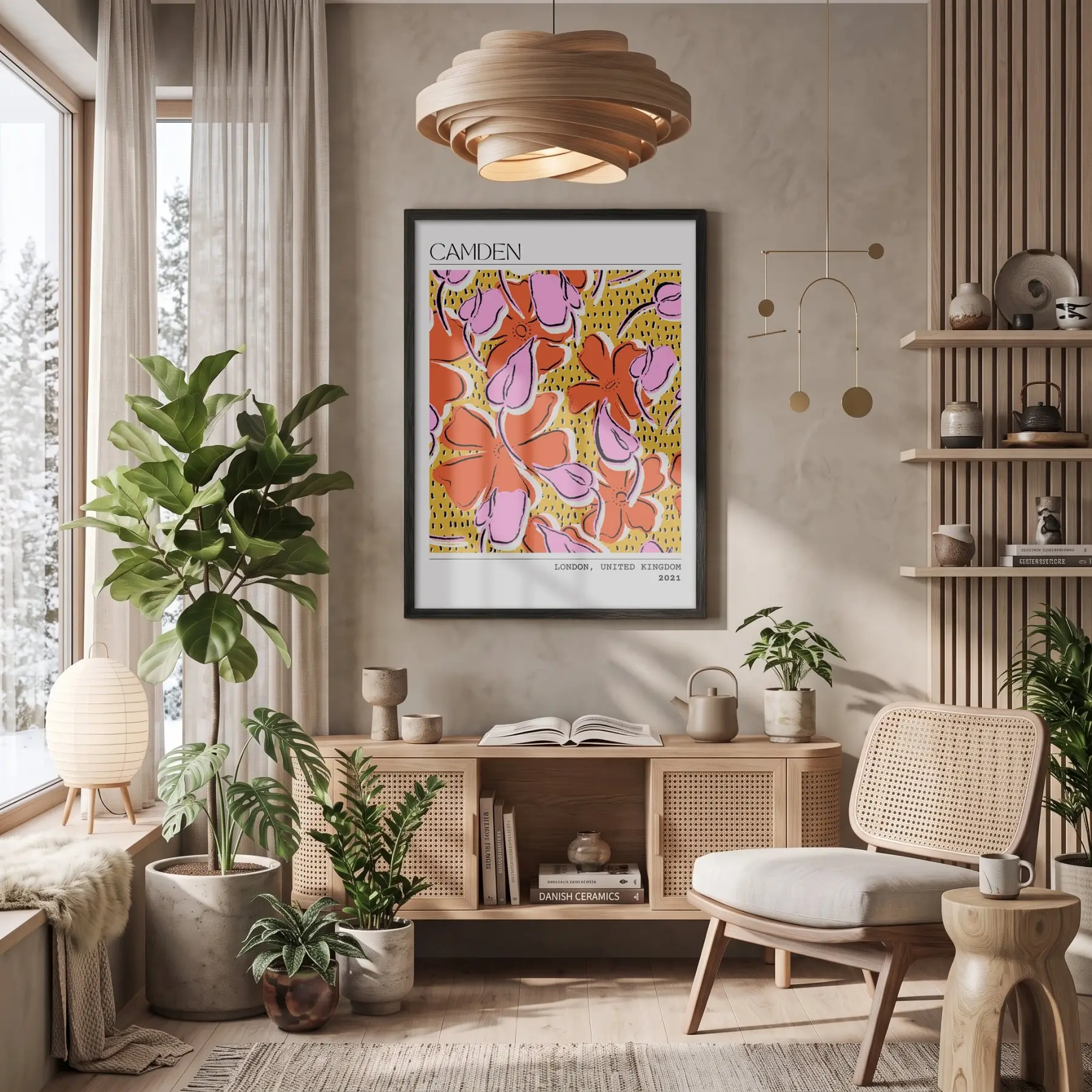 Canlı Floral Soyut Sanat Siyah Ahşap Çerçeveli Tablo Bohem Mekan Yatak Koridor Ofis