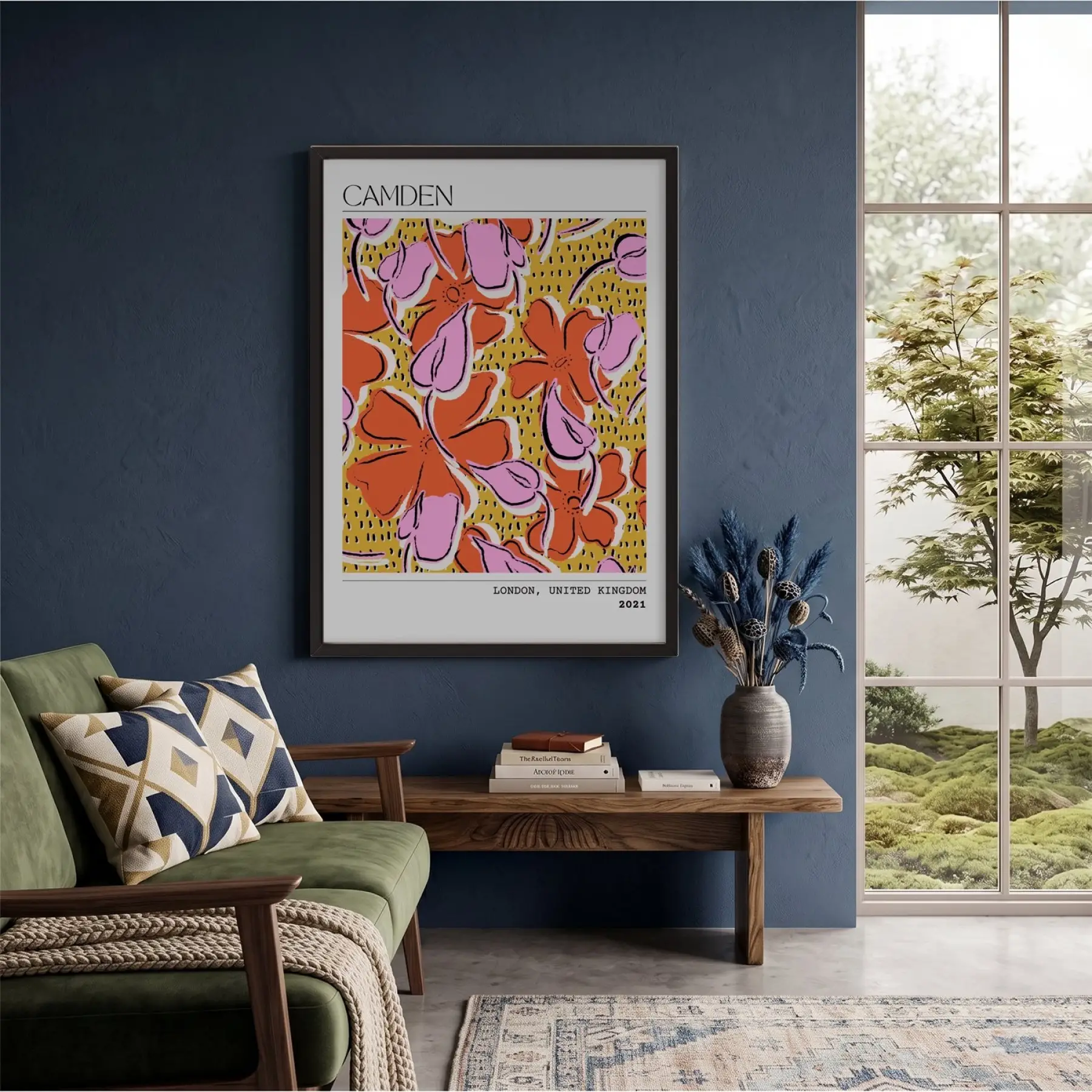 Canlı Floral Soyut Sanat Siyah Ahşap Çerçeveli Tablo Bohem Mekan Yatak Koridor Ofis