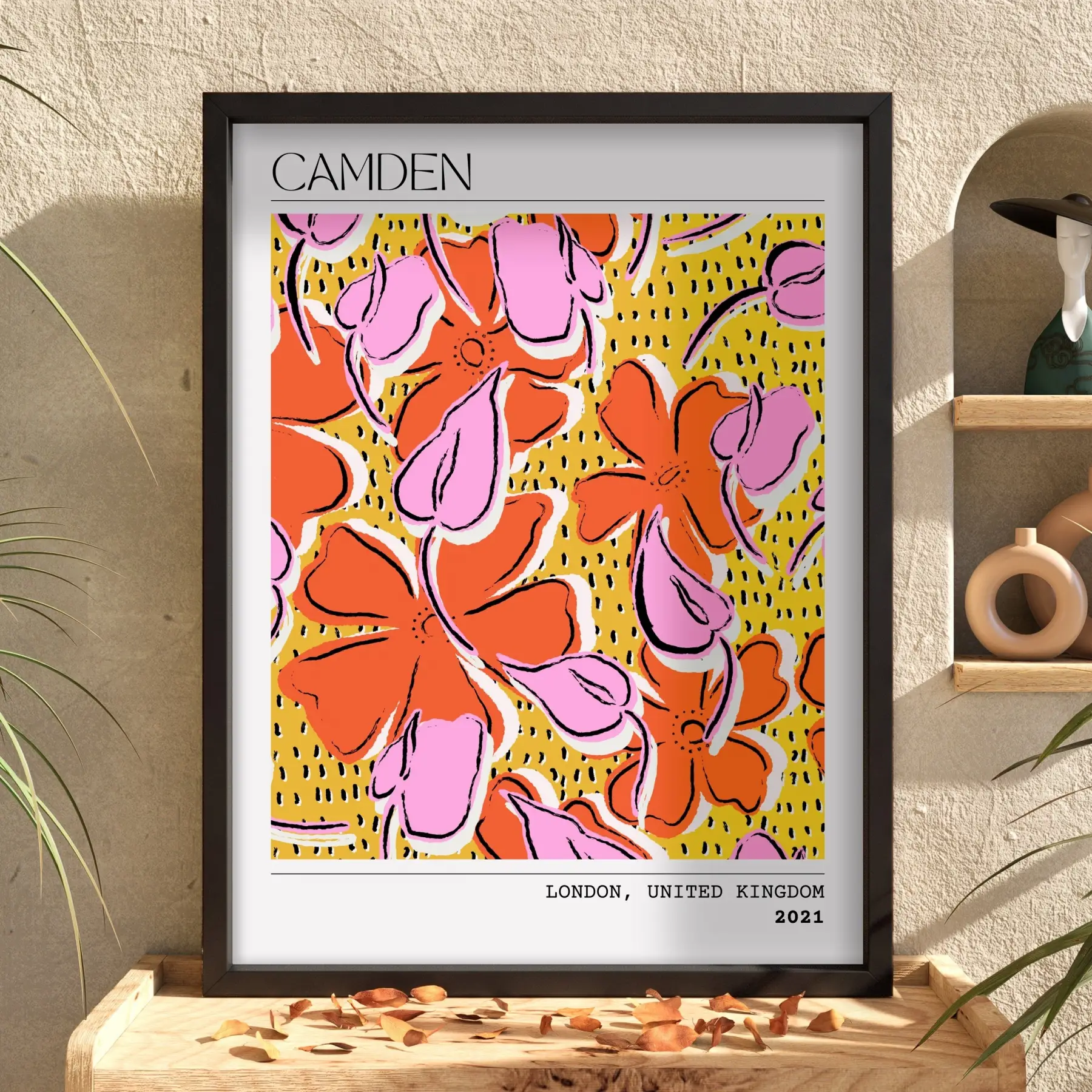 Canlı Floral Soyut Sanat Siyah Ahşap Çerçeveli Tablo Bohem Mekan Yatak Koridor Ofis