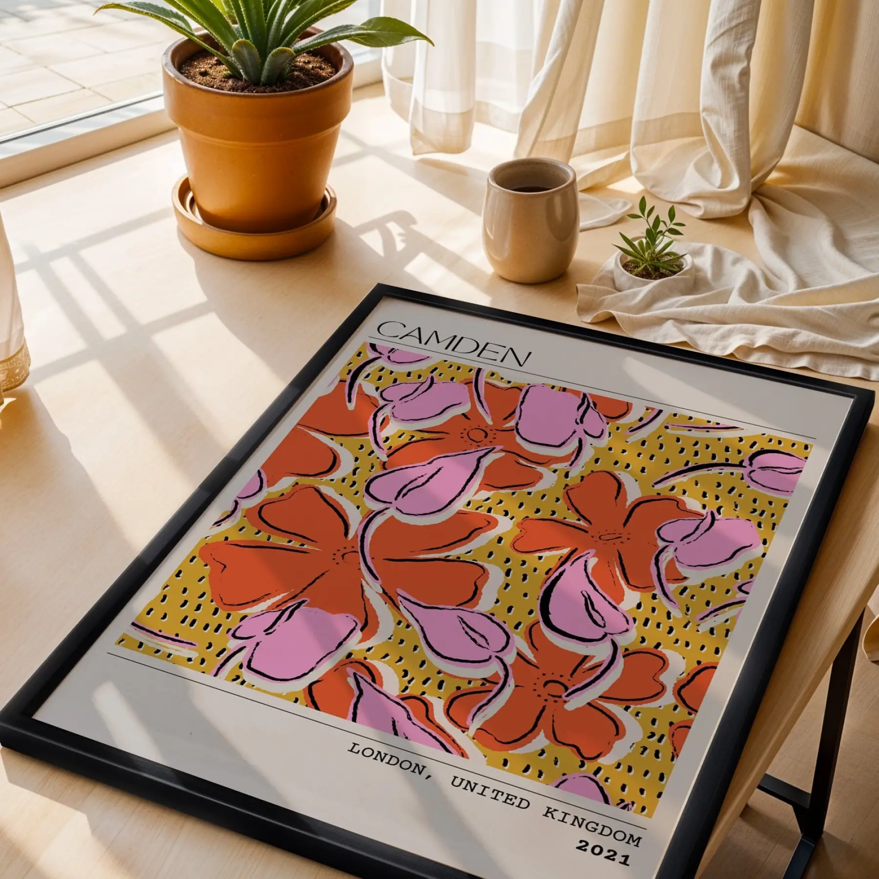 Canlı Floral Soyut Sanat Siyah Ahşap Çerçeveli Tablo Bohem Mekan Yatak Koridor Ofis