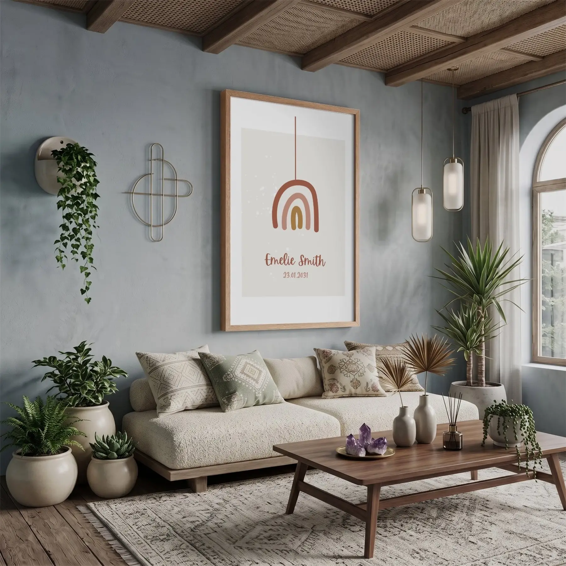 Minimalist Gökkuşağı İsim Tablosu Doğal Ahşap Çerçeveli Yatak Koridor Ofis Kanvas Görünümlü Salon