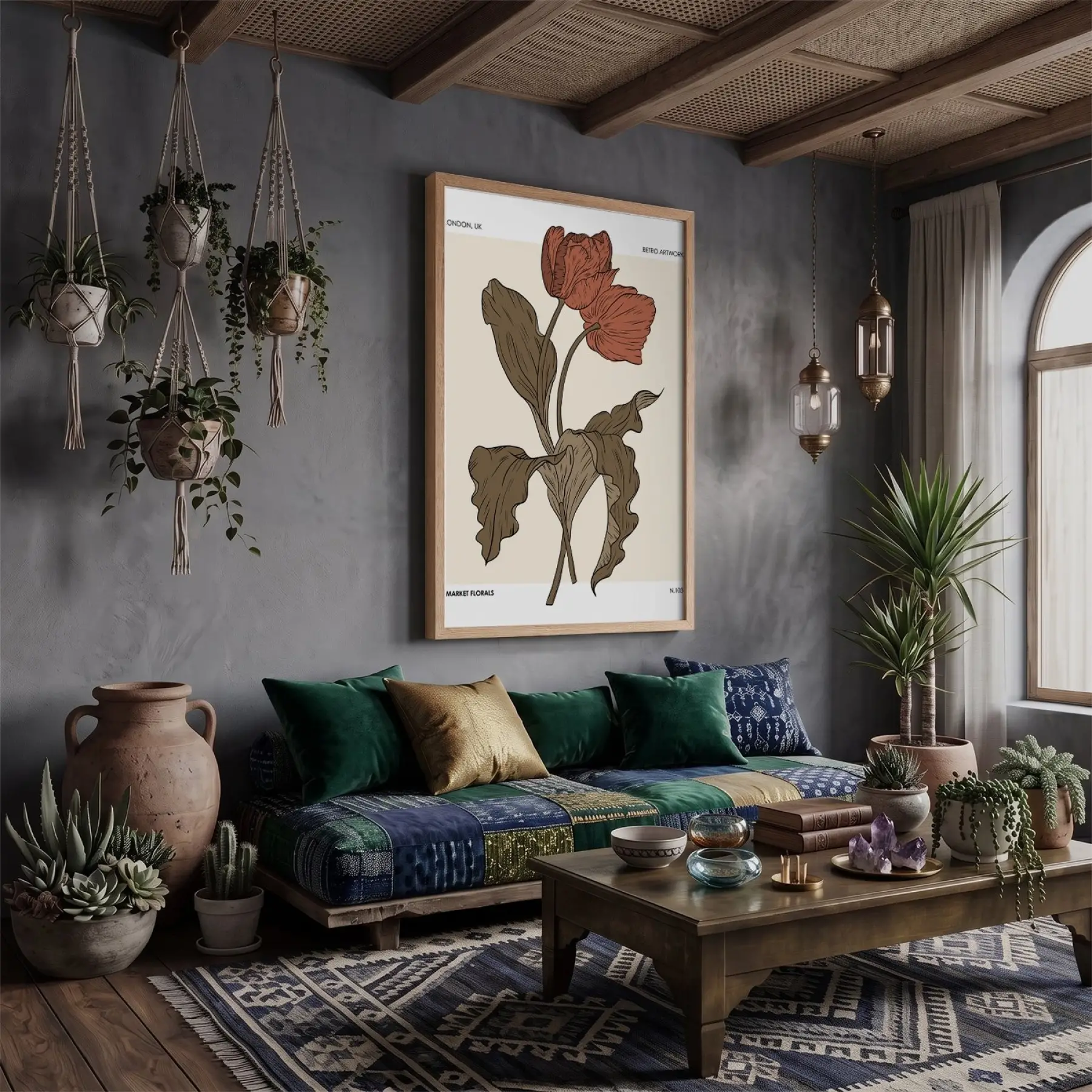 Retro Kızıl Lale Tablosu Doğal Ahşap Çerçeveli Sanat İç Mekan Yatak Koridor Ofis