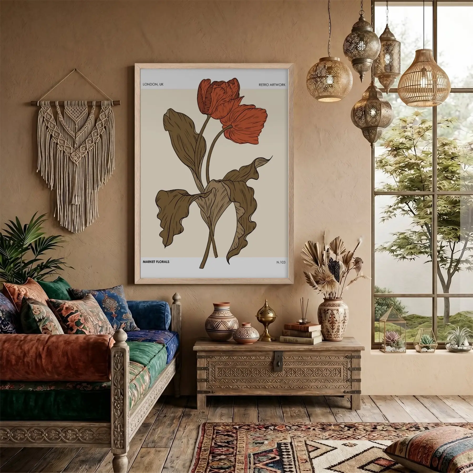 Retro Kızıl Lale Tablosu Doğal Ahşap Çerçeveli Sanat İç Mekan Yatak Koridor Ofis