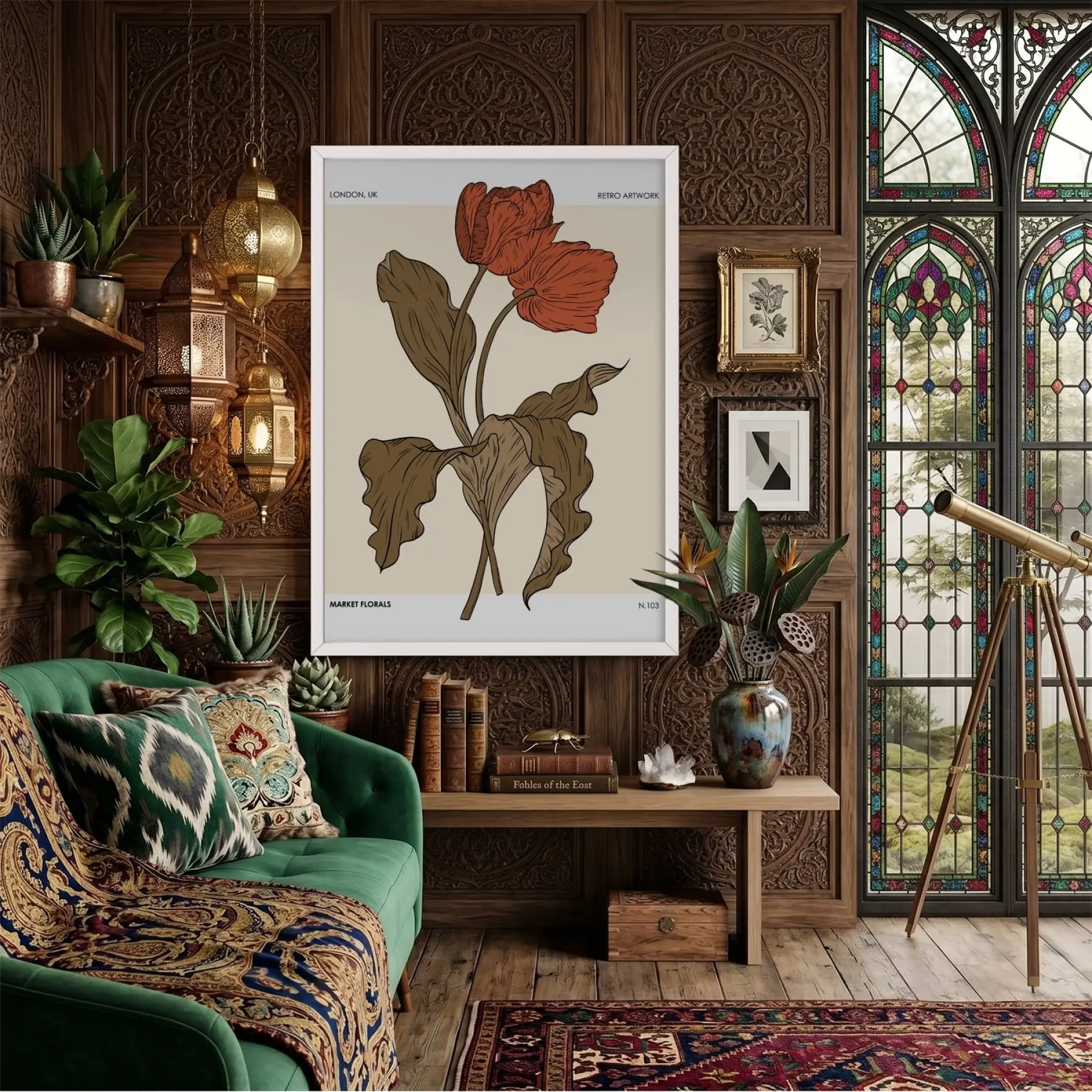 Retro Kızıl Lale Tablosu Beyaz Ahşap Çerçeveli Görünümlü Salon Oturma Odası Duvar Dekoru