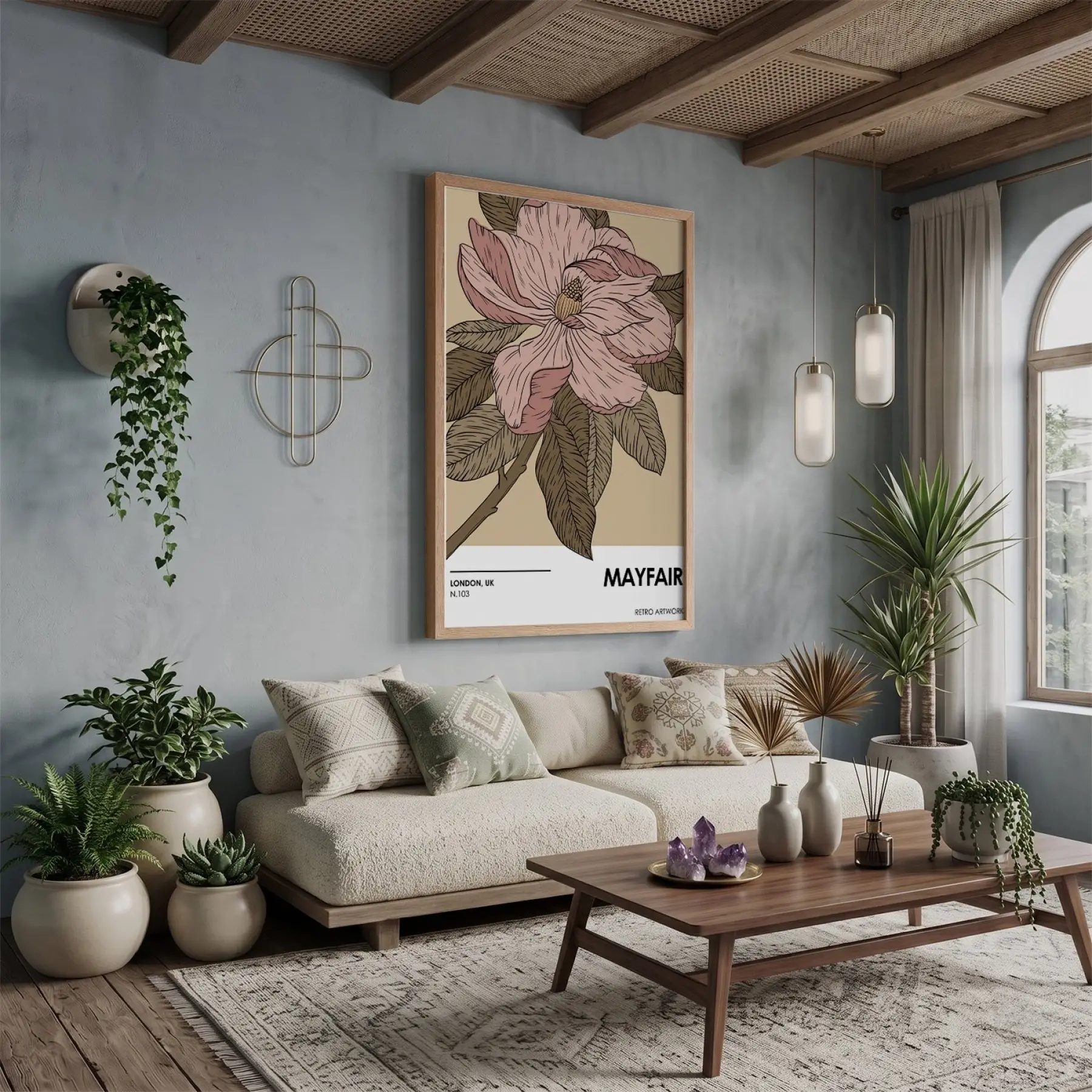 Retro Pembe Çiçek İllüstrasyonu Doğal Ahşap Çerçeveli Tablo Bohem Odası Duvar Dekoru Poster