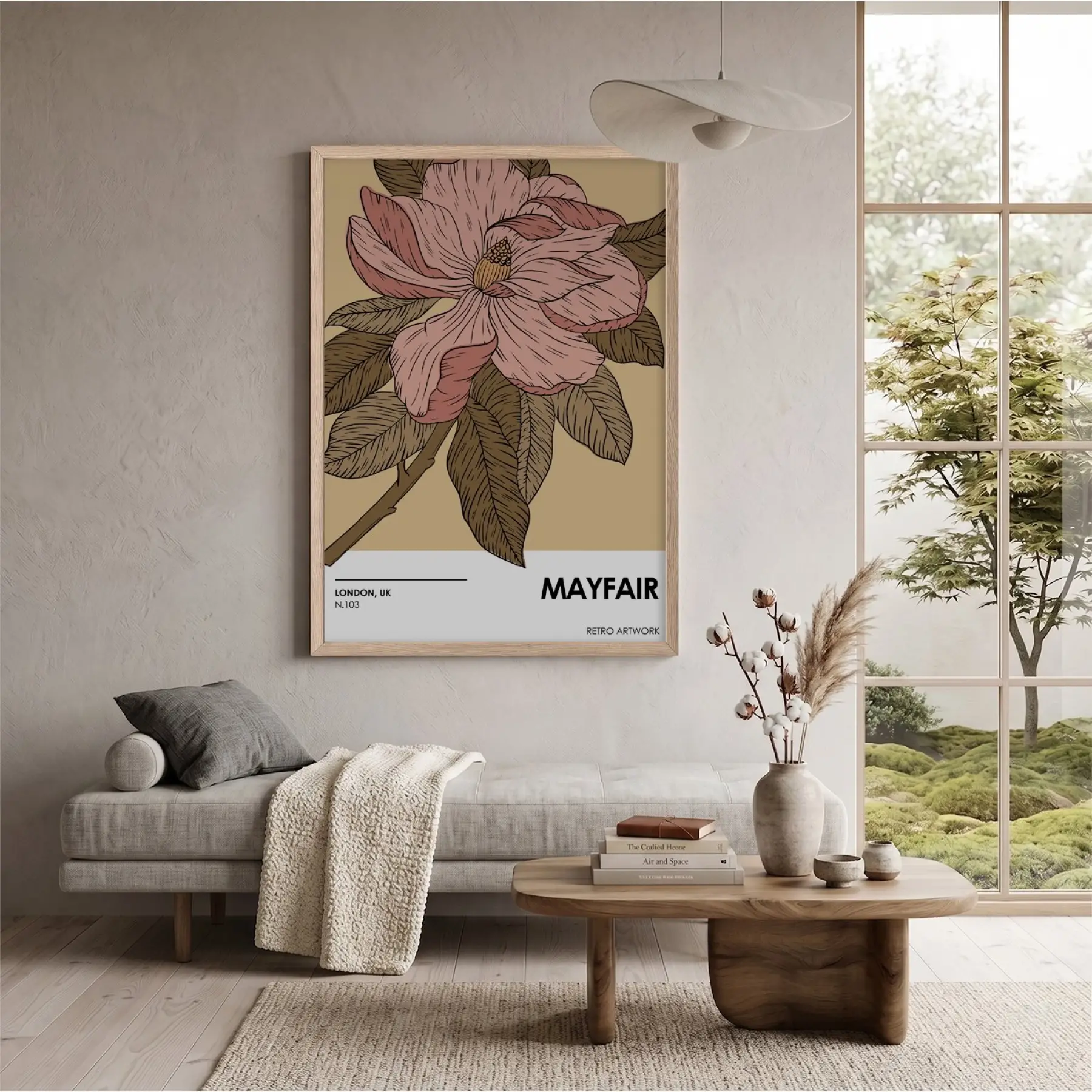 Retro Pembe Çiçek İllüstrasyonu Doğal Ahşap Çerçeveli Tablo Bohem Odası Duvar Dekoru Poster