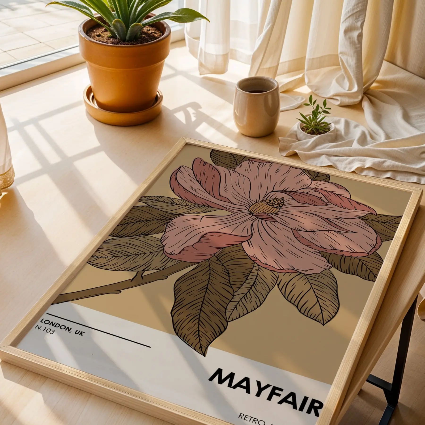 Retro Pembe Çiçek İllüstrasyonu Doğal Ahşap Çerçeveli Tablo Bohem Odası Duvar Dekoru Poster