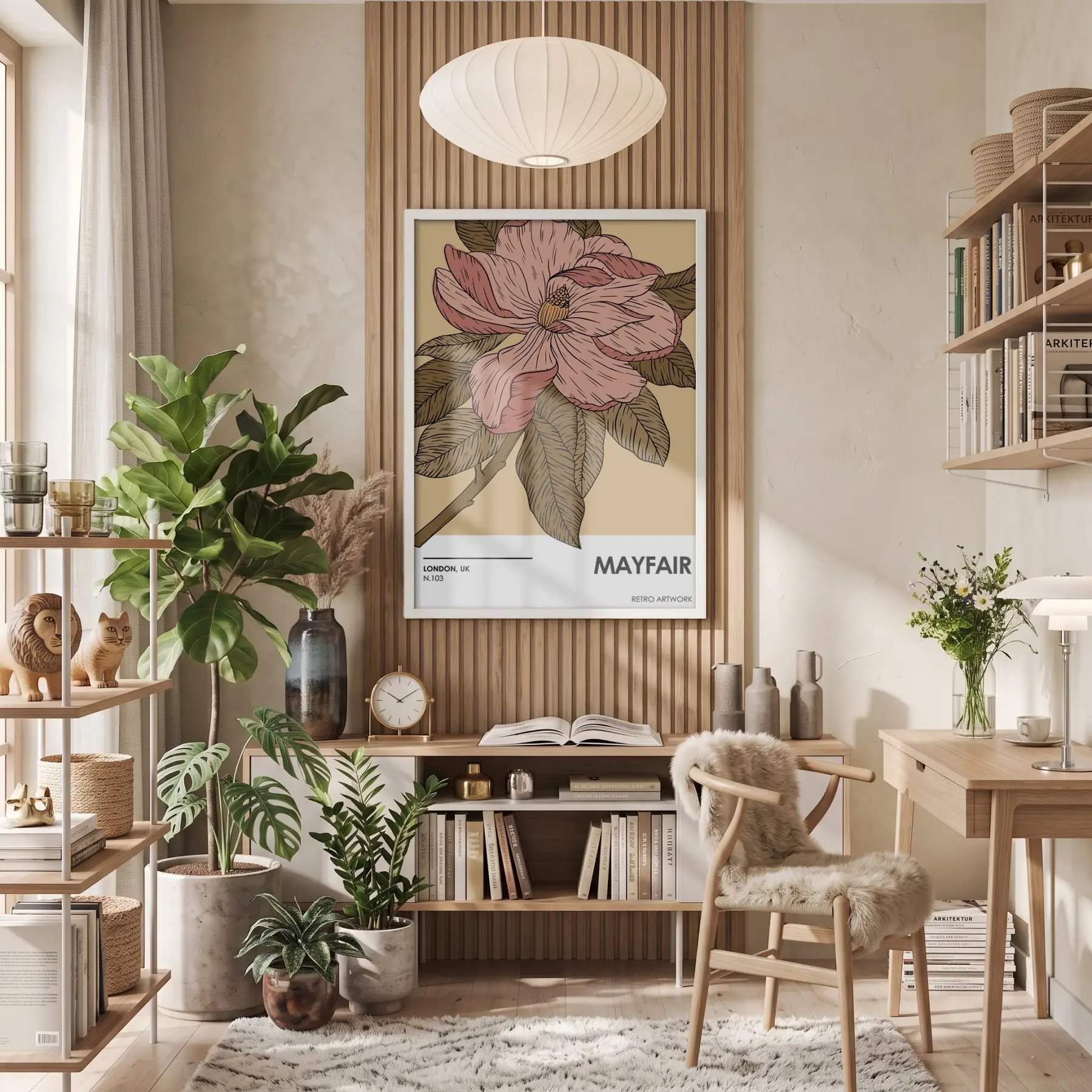 Retro Pembe Çiçek İllüstrasyonu Beyaz Ahşap Çerçeveli Tablo Bohem Duvar Dekoru Poster Obje