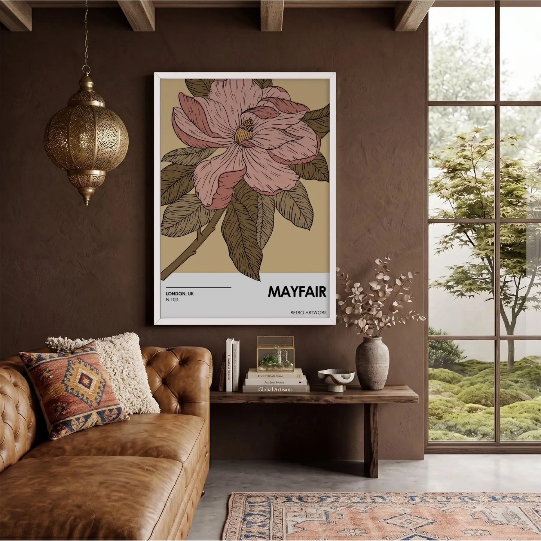 Retro Pembe Çiçek İllüstrasyonu Beyaz Ahşap Çerçeveli Tablo Bohem Duvar Dekoru Poster Obje