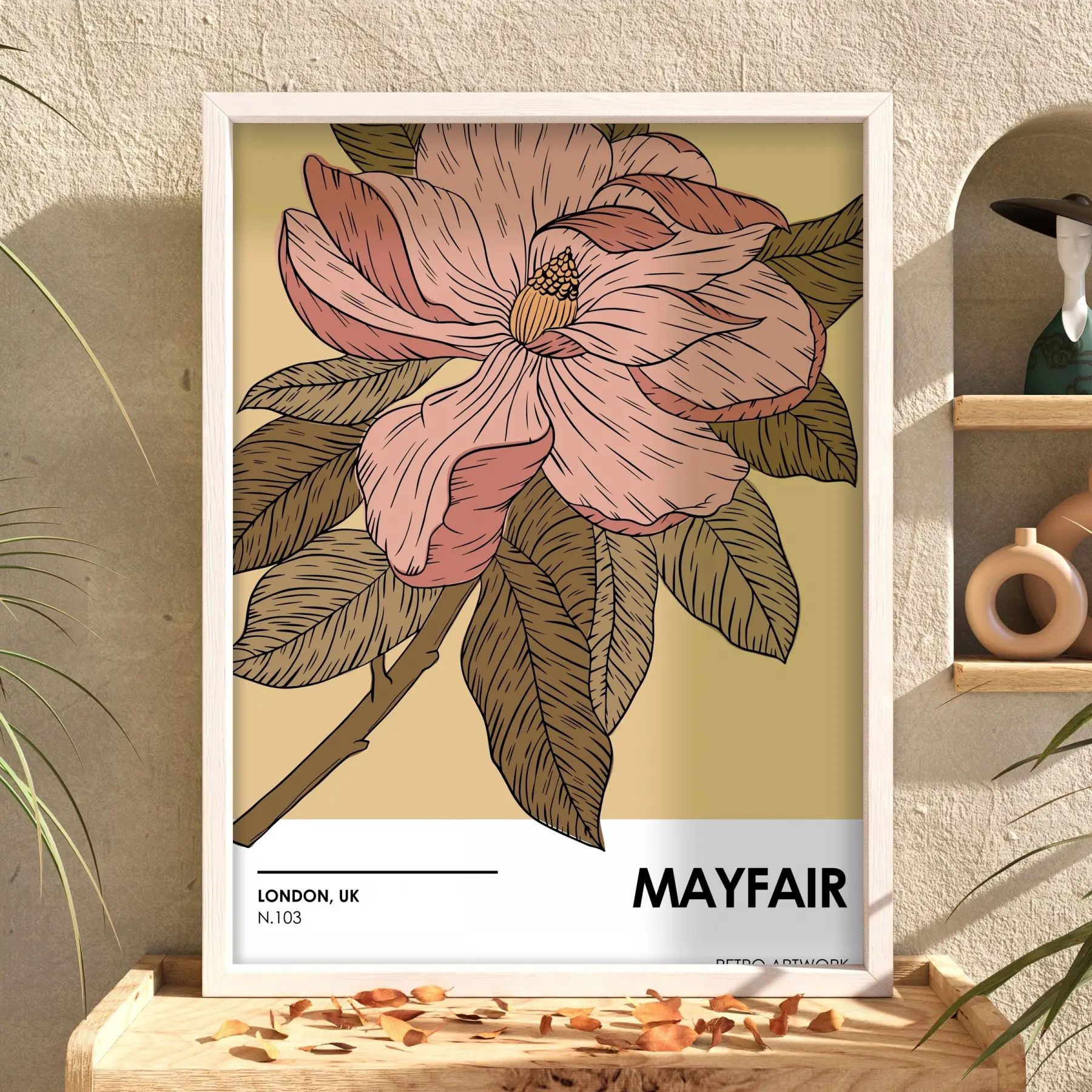 Retro Pembe Çiçek İllüstrasyonu Beyaz Ahşap Çerçeveli Tablo Bohem Duvar Dekoru Poster Obje