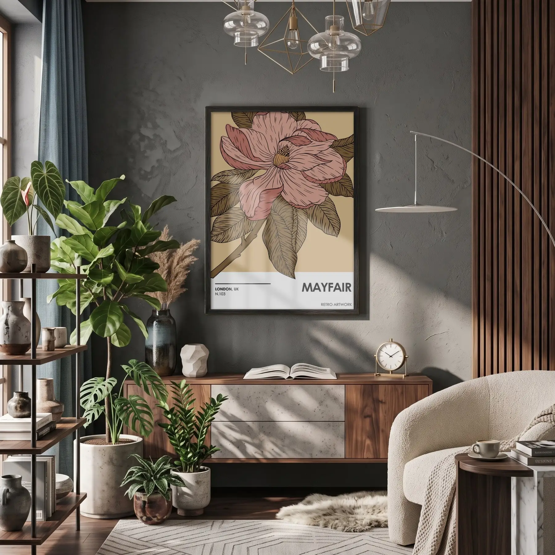 Retro Pembe Çiçek İllüstrasyonu Siyah Ahşap Çerçeveli Tablo Bohem Salon Oturma Odası Duvar