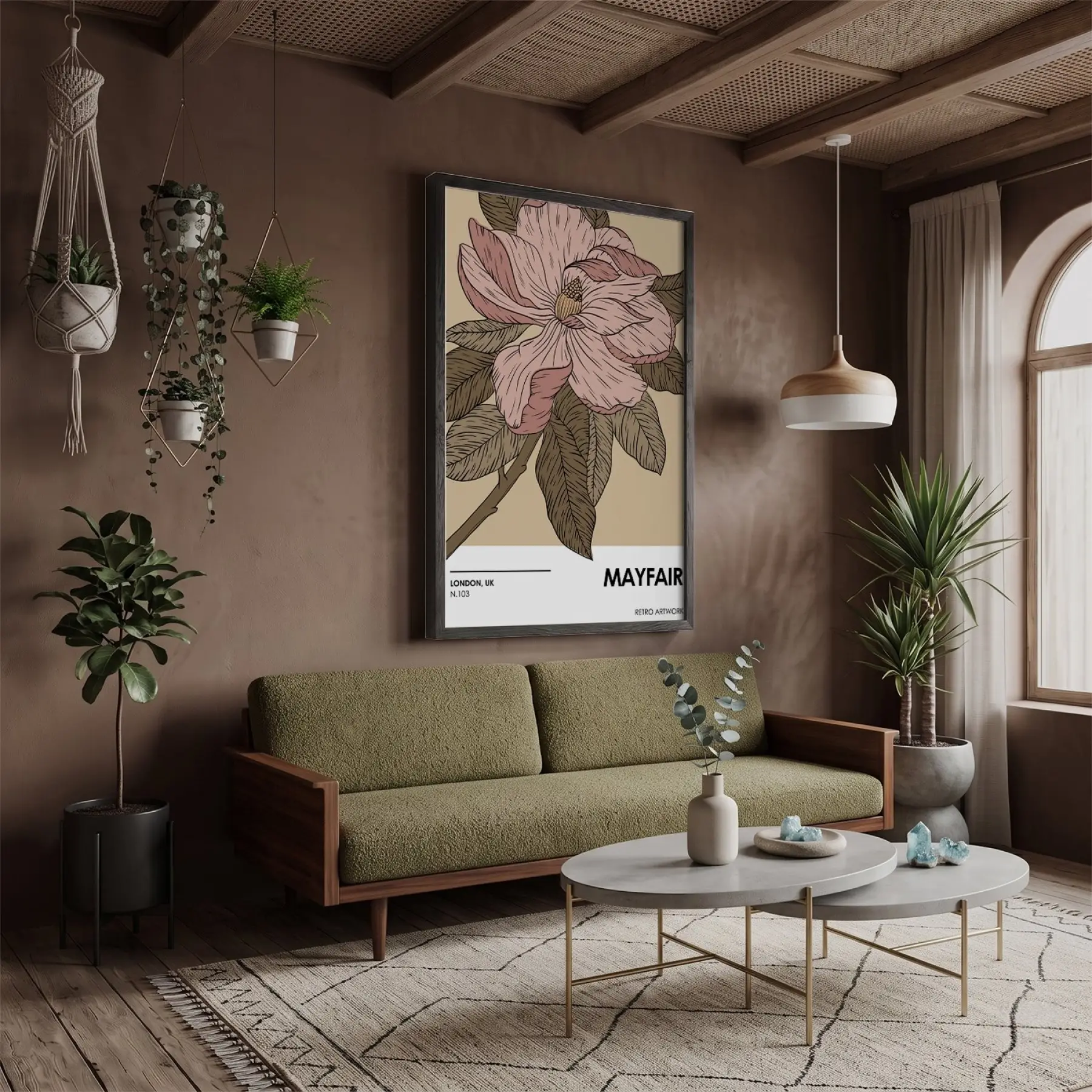 Retro Pembe Çiçek İllüstrasyonu Siyah Ahşap Çerçeveli Tablo Bohem Salon Oturma Odası Duvar