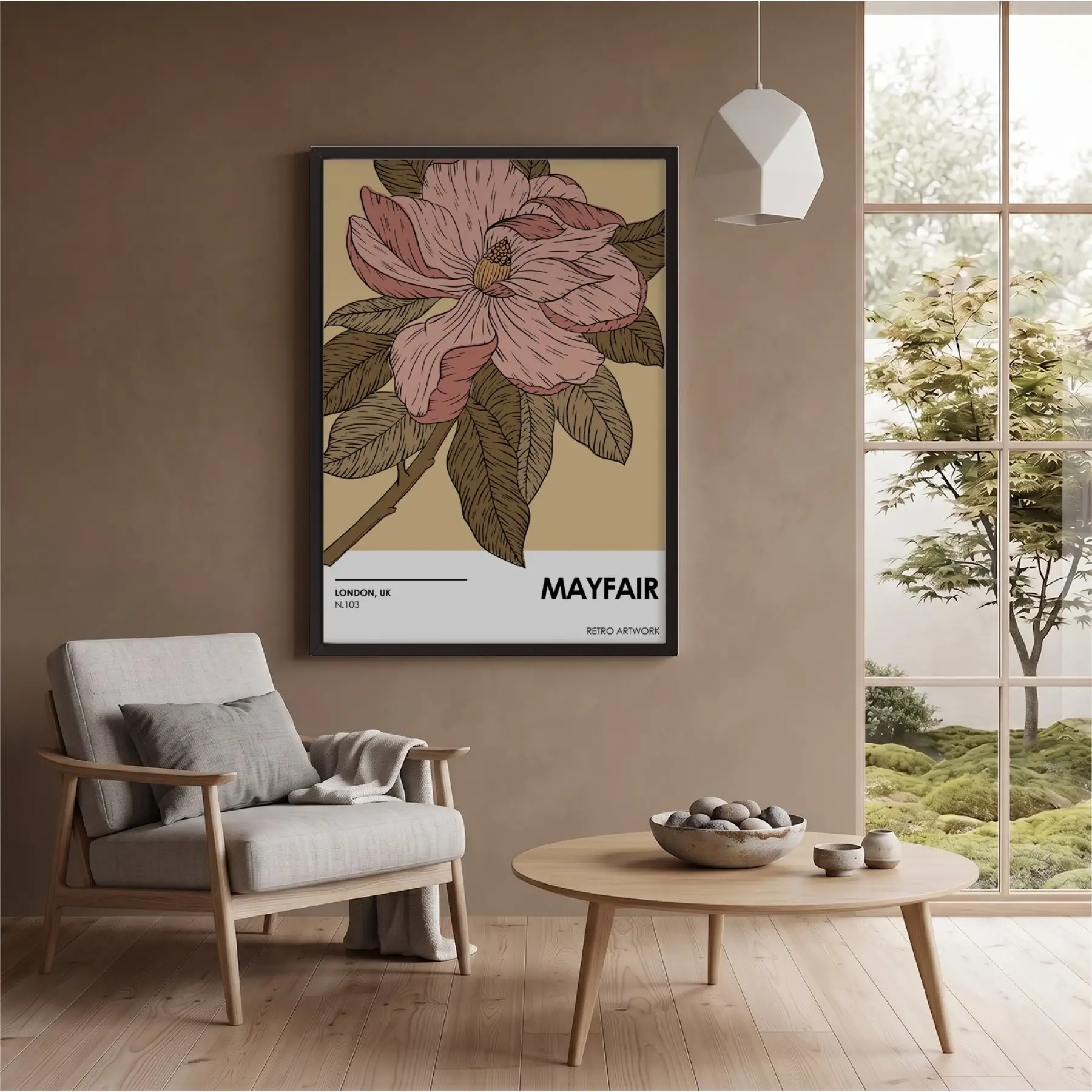 Retro Pembe Çiçek İllüstrasyonu Siyah Ahşap Çerçeveli Tablo Bohem Salon Oturma Odası Duvar
