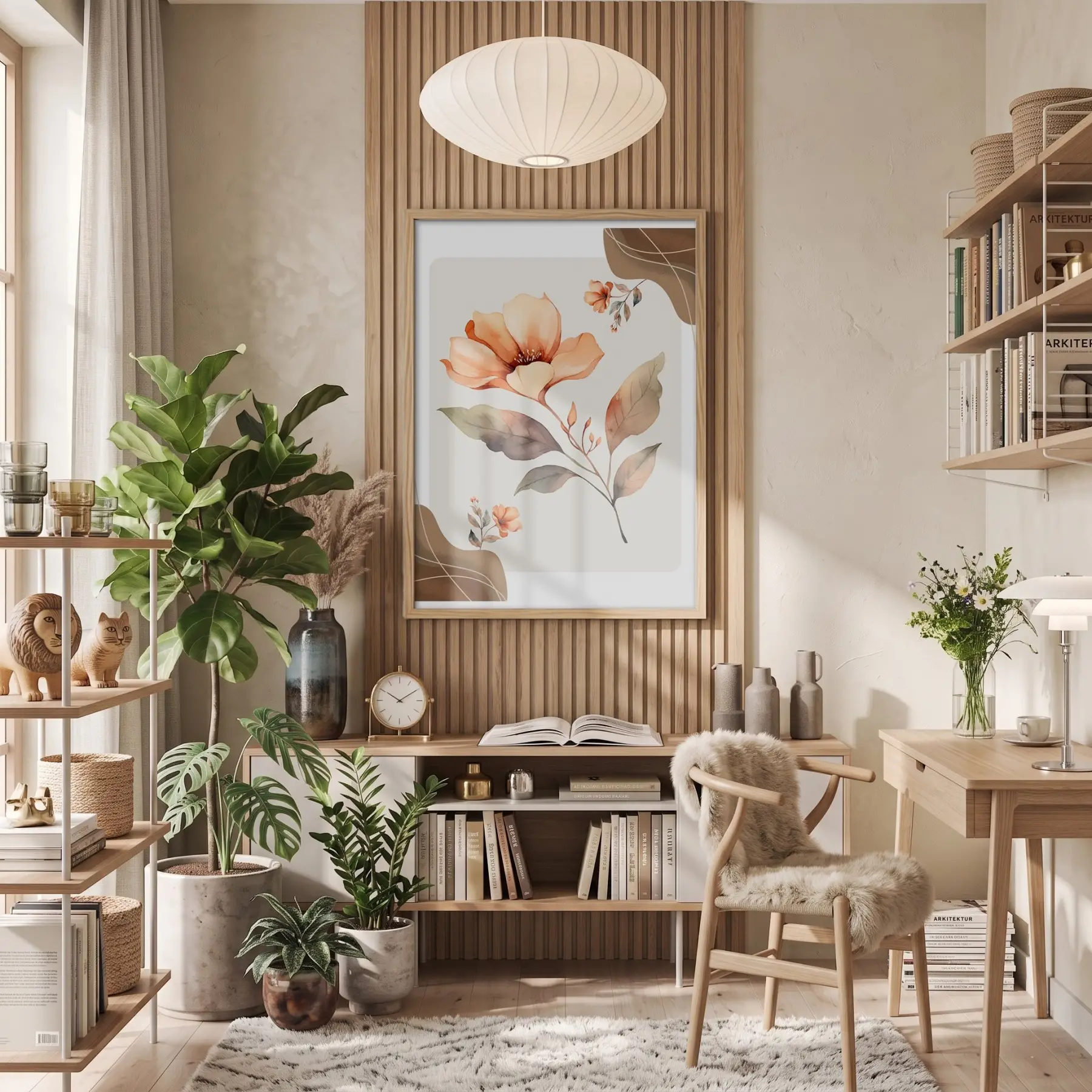 Pastel Şeftali Çiçek Tablosu Doğal Ahşap Çerçeveli Bohem Dekorasyonu Poster Obje Ev Aksesuarları