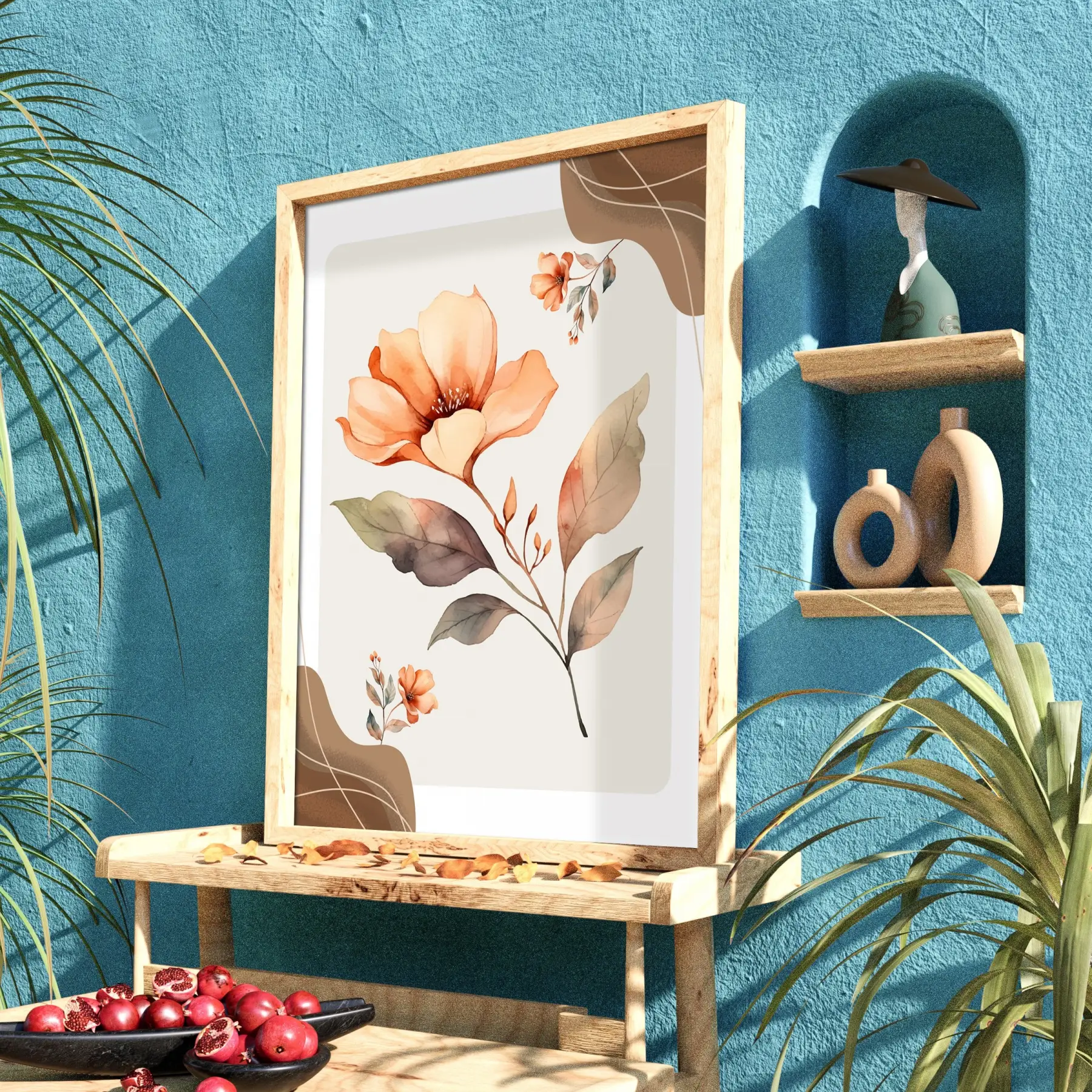 Pastel Şeftali Çiçek Tablosu Doğal Ahşap Çerçeveli Bohem Dekorasyonu Poster Obje Ev Aksesuarları