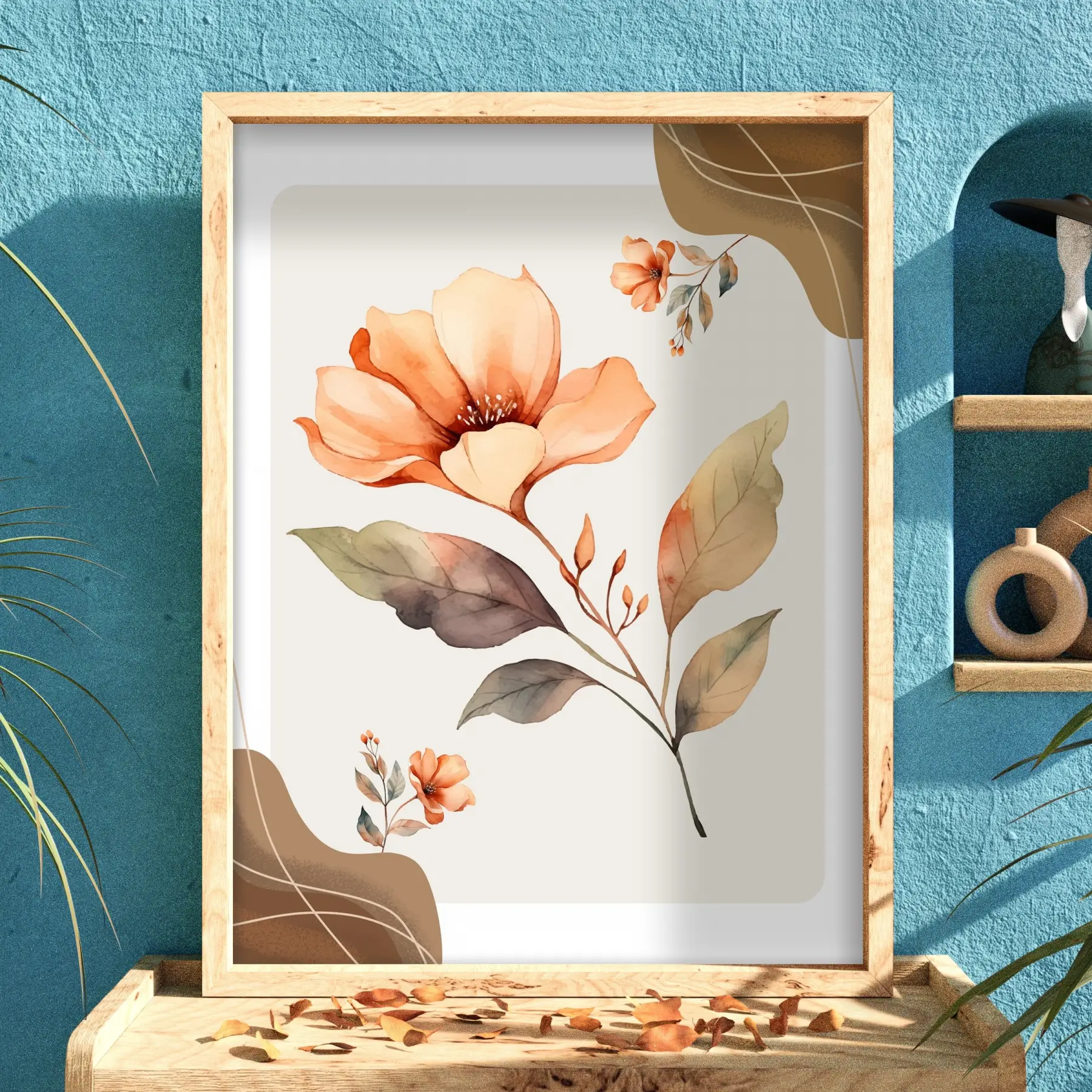 Pastel Şeftali Çiçek Tablosu Doğal Ahşap Çerçeveli Bohem Dekorasyonu Poster Obje Ev Aksesuarları