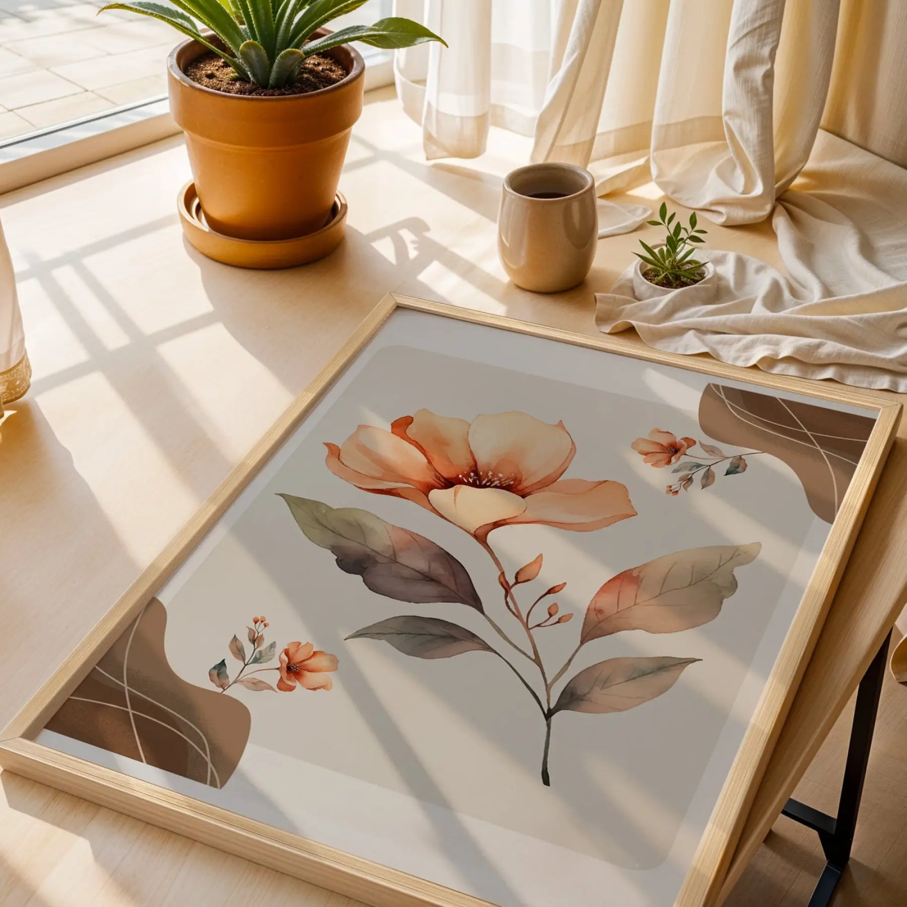 Pastel Şeftali Çiçek Tablosu Doğal Ahşap Çerçeveli Bohem Dekorasyonu Poster Obje Ev Aksesuarları