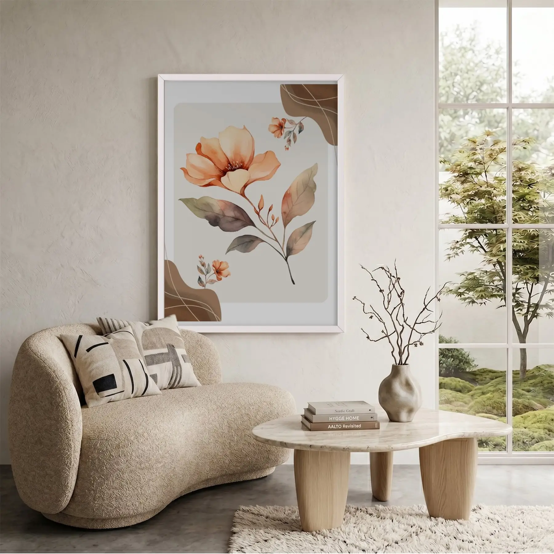 Pastel Şeftali Çiçek Tablosu Beyaz Ahşap Çerçeveli Bohem Obje Ev Aksesuarları Modern Sanat